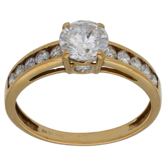 9ct Gold Cubic Zirconia Single Stone Ring with Accent Stones Size M