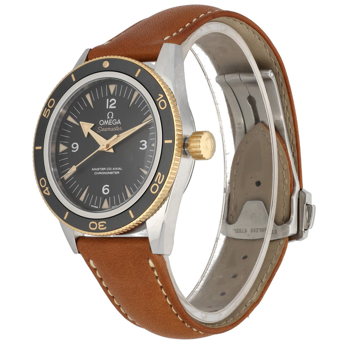 Omega Seamaster 300 233.22.41.21.01.001 , black dial with bi-colour case and tan brown leather bracelet., front angle