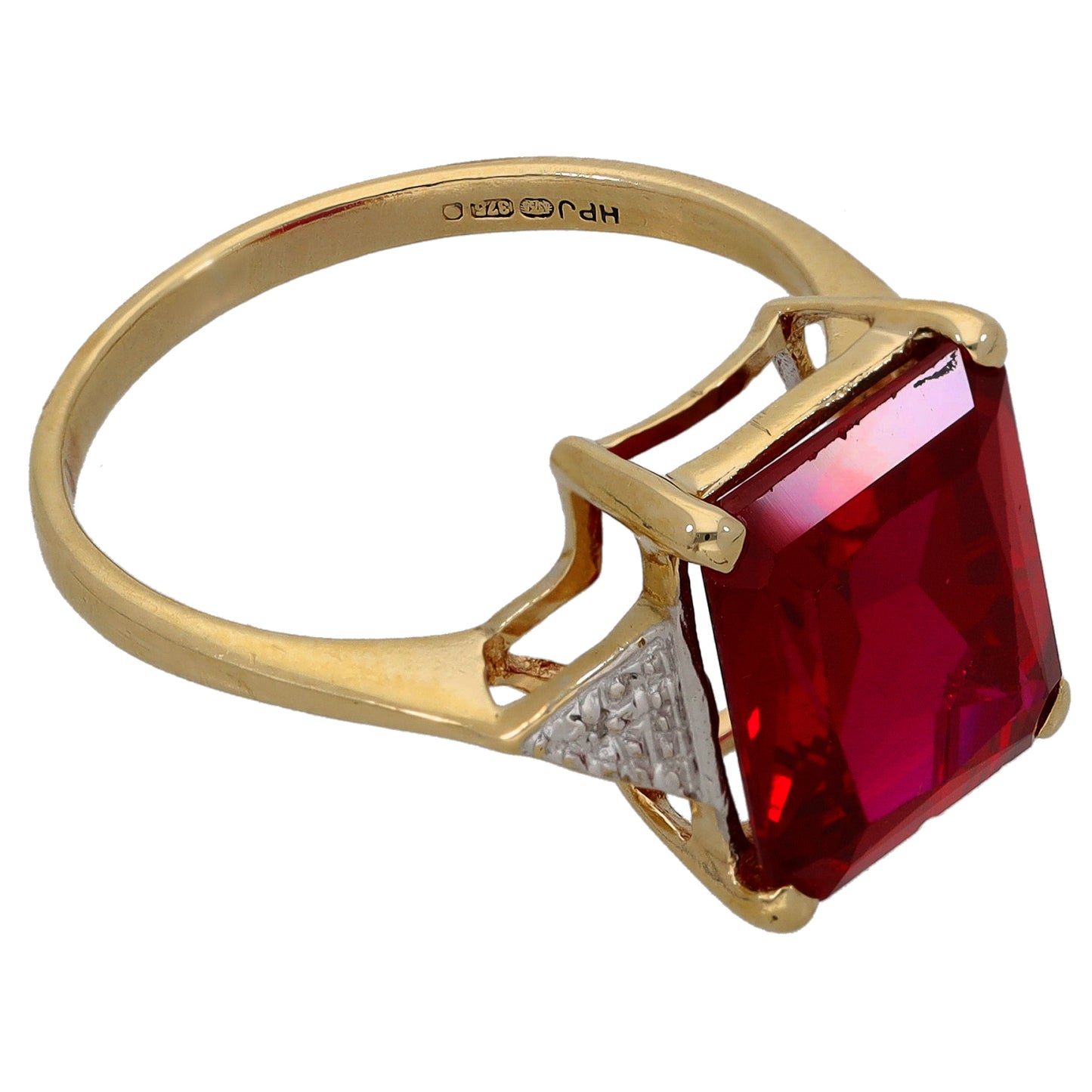 9ct Gold Man Made Ruby & 0.01ct Diamond Dress/Cocktail Ring Size Q