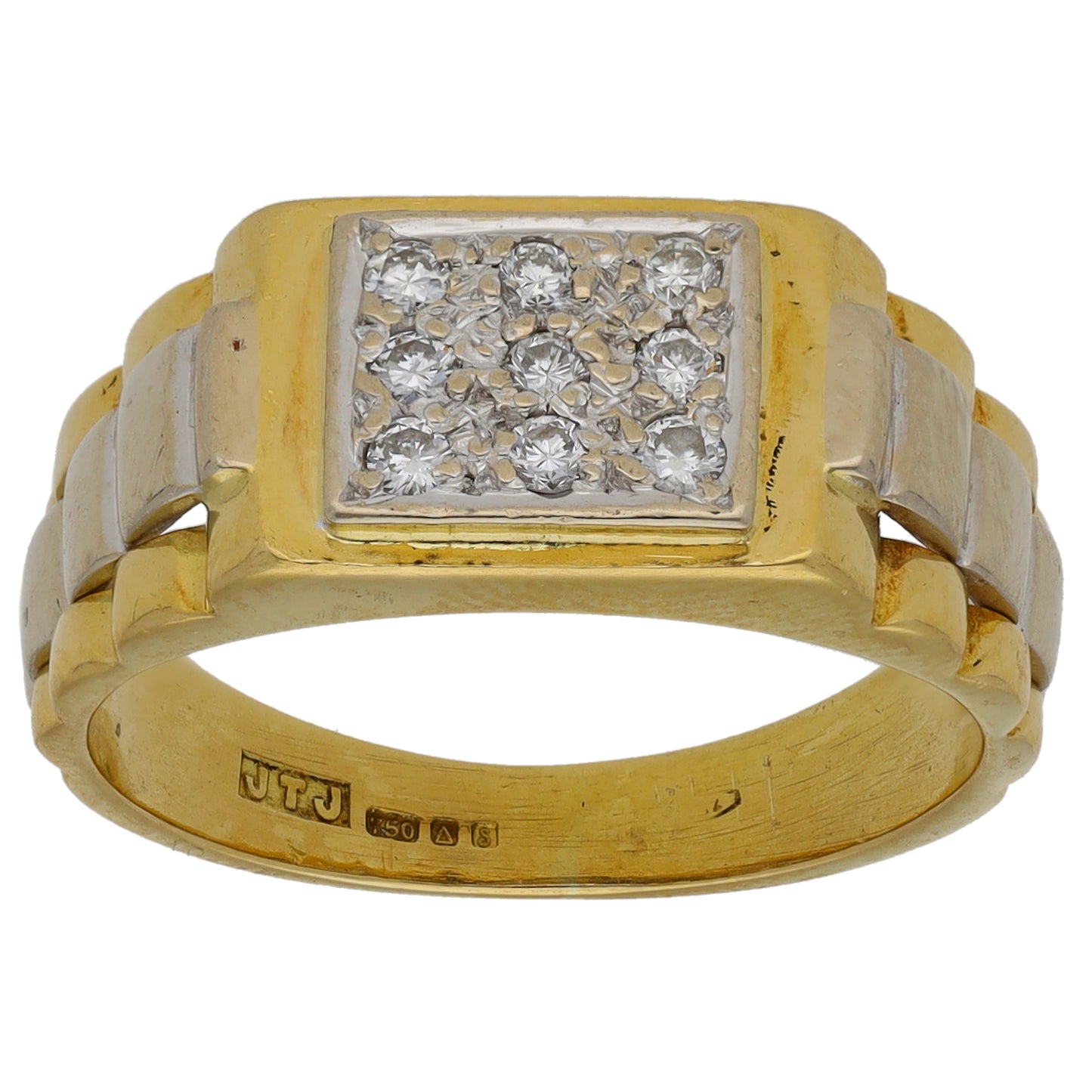 18ct Bi-Colour Gold 0.09ct Diamond Patterned Signet Ring Size M