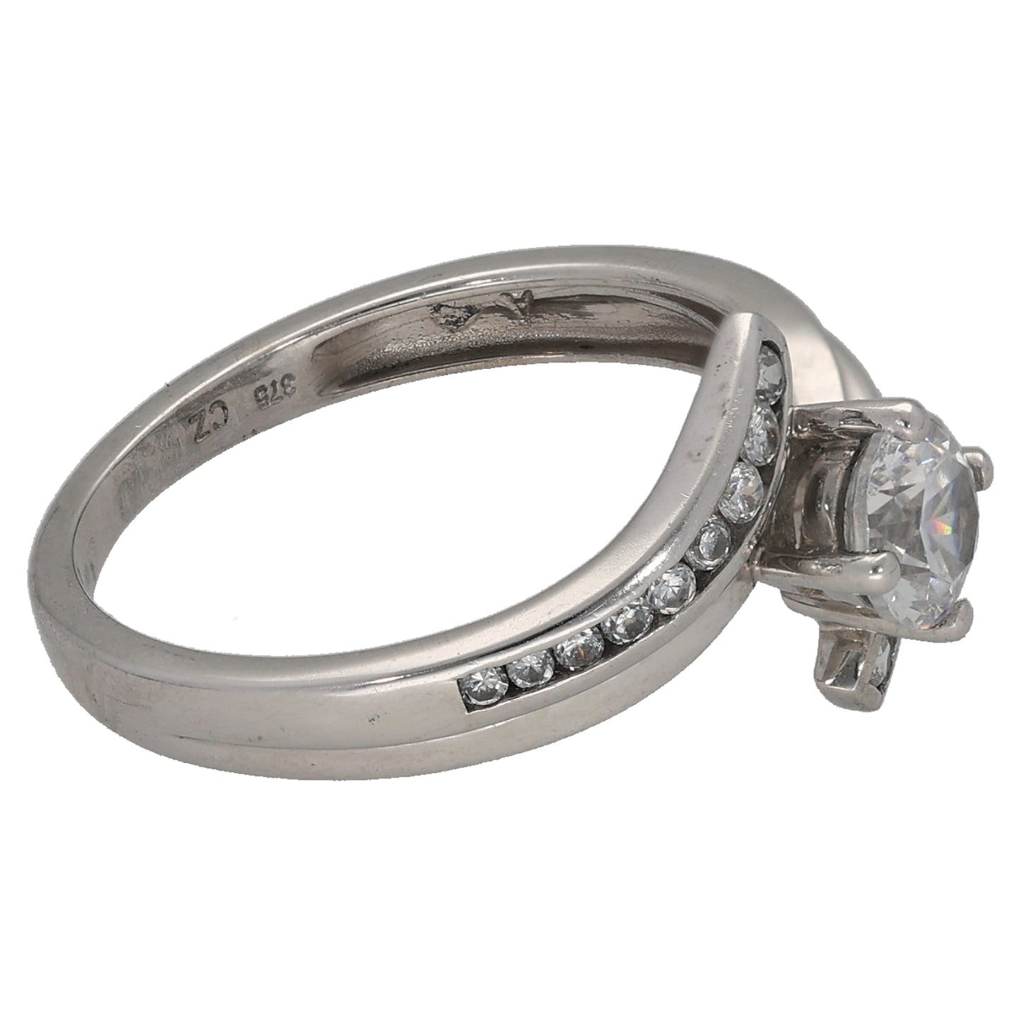 9ct White Gold Cubic Zirconia Single Stone Ring with Accent Stones Size L