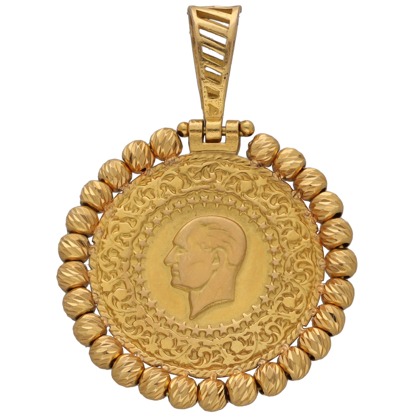 Gold-tone round pendant with profile medallion, beaded rim, and top loop bail