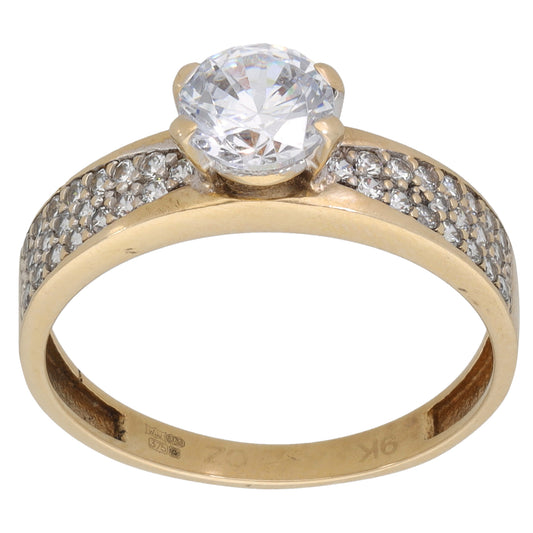 9ct Gold Cubic Zirconia Single Stone Ring with Accent Stones Size S
