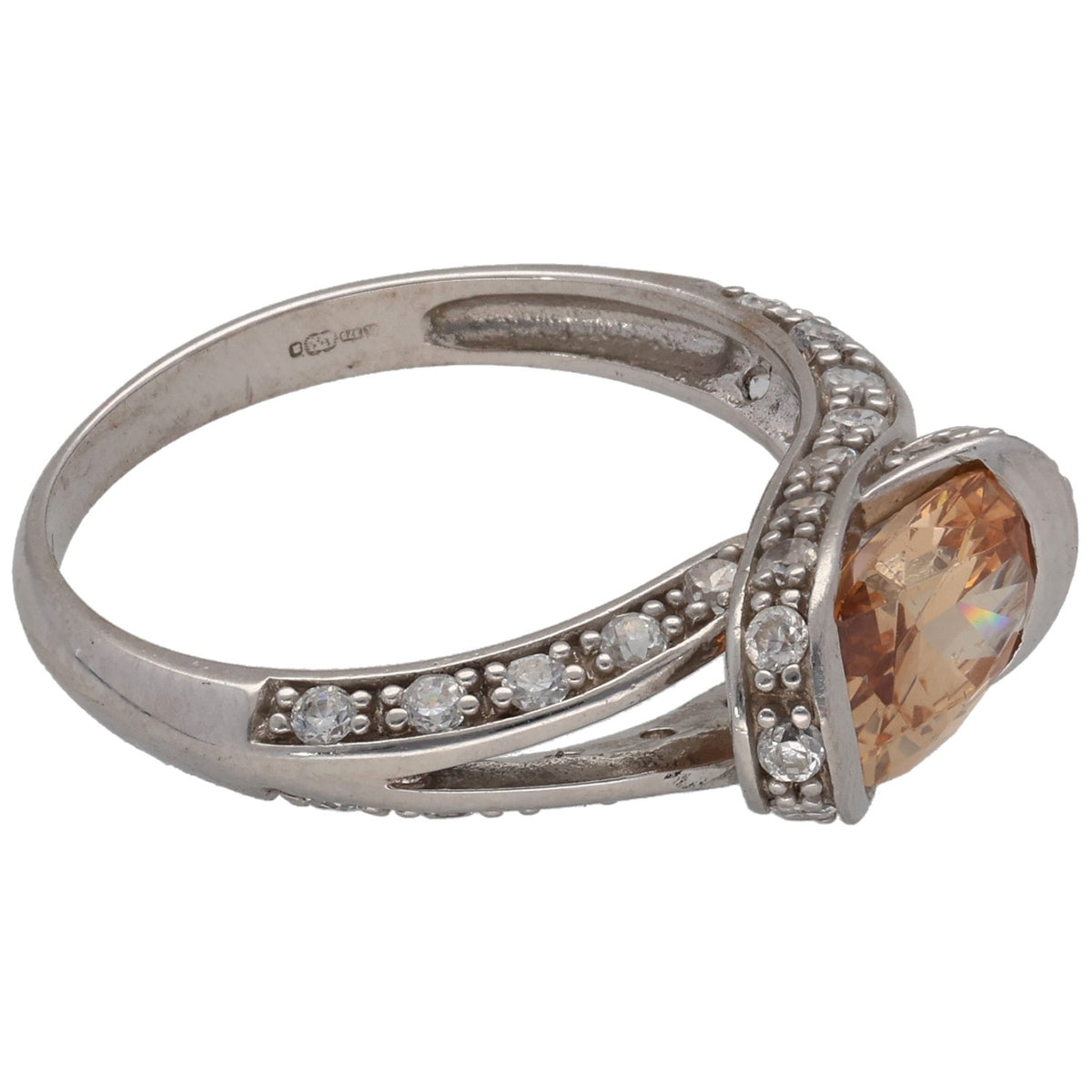 9ct white gold dress ring with oval peach CZ and clear CZ accents