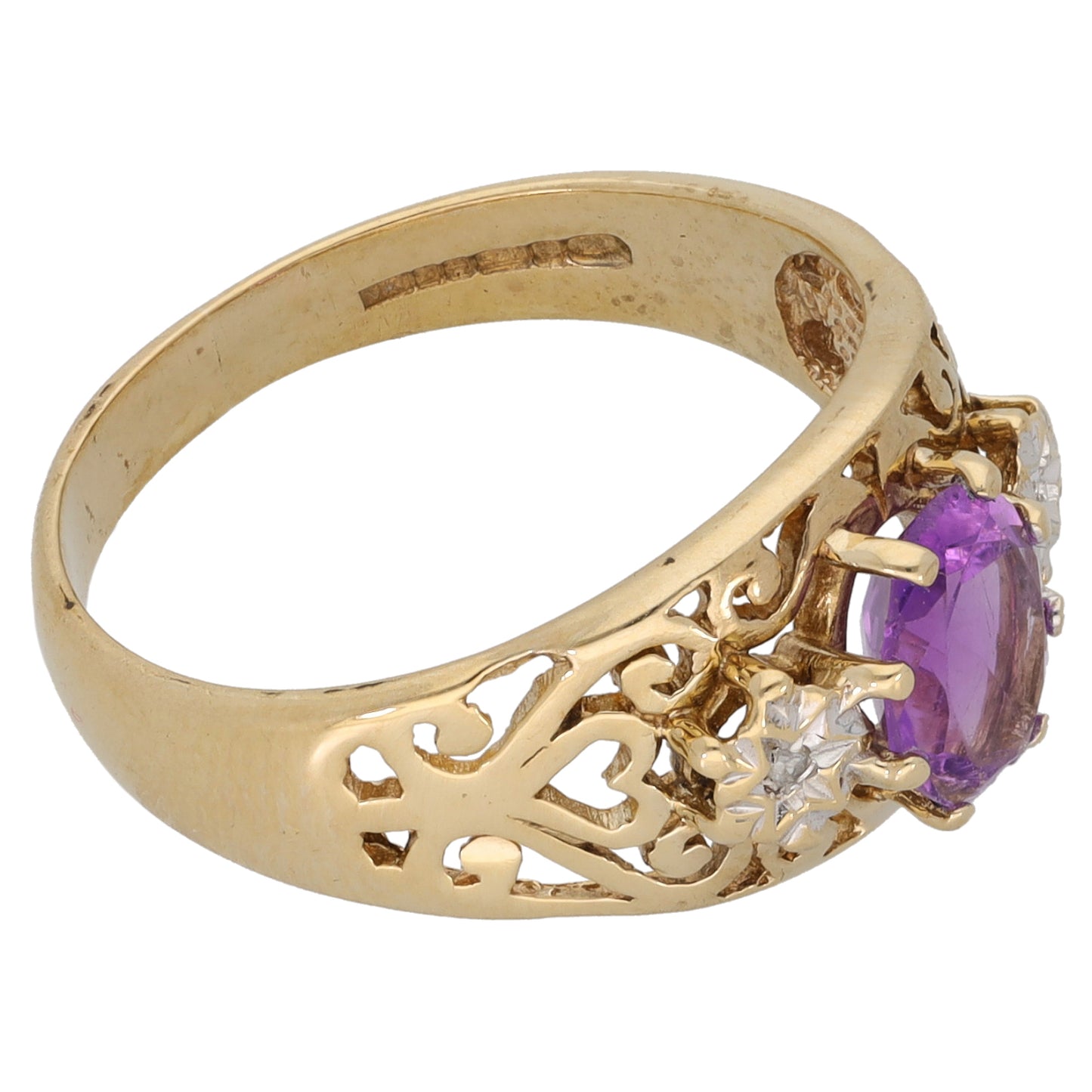 9ct Gold Amethyst & 0.02ct Diamond Single Stone Ring with Accent Stones Size Q