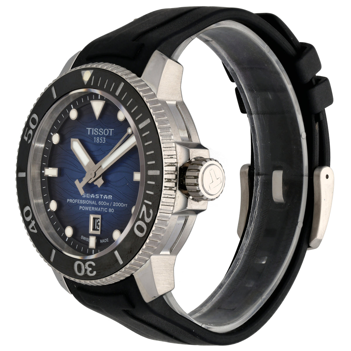 Tissot Seastar T120607 Stainless steel diver watch angled view, blue dial, black bezel, black rubber strap