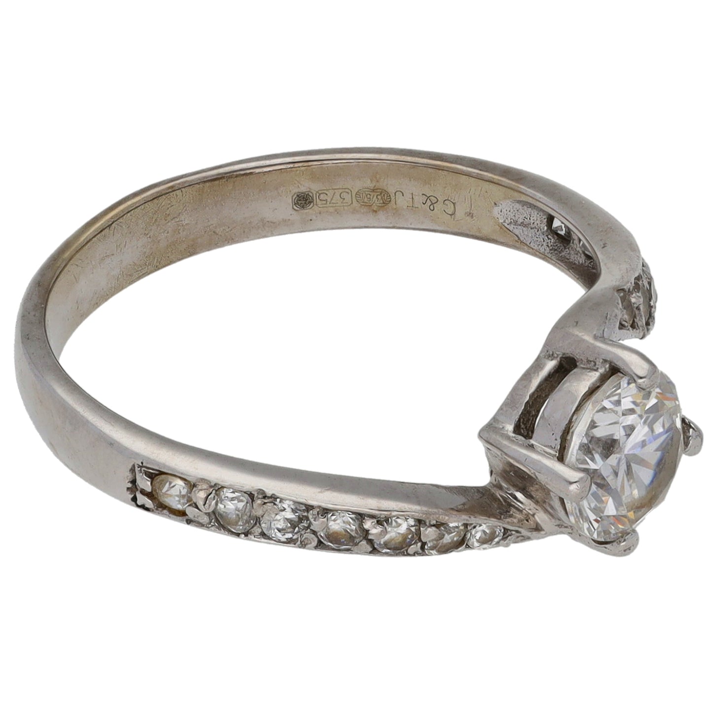 9ct White Gold Cubic Zirconia Single Stone Ring with Accent Stones Size M