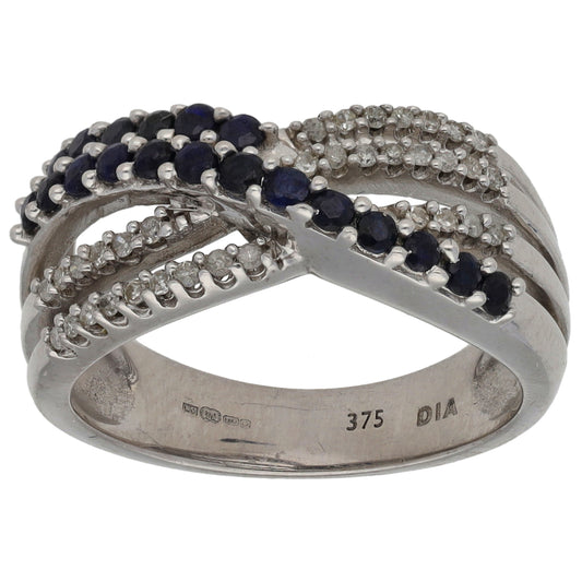 9ct White Gold Sapphire & 0.175ct Diamond Dress/Cocktail Ring Size M