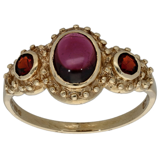 9ct Gold Garnet Trilogy Ring Size M