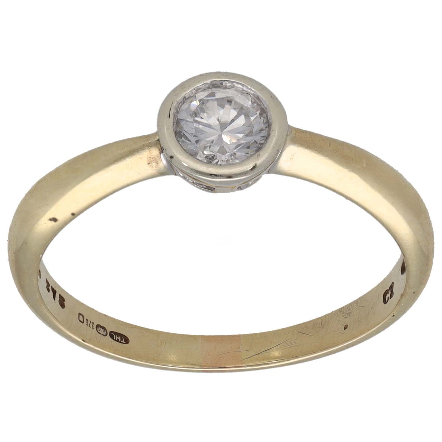 9ct gold CZ single-stone ring with round clear solitaire in silver-tone setting