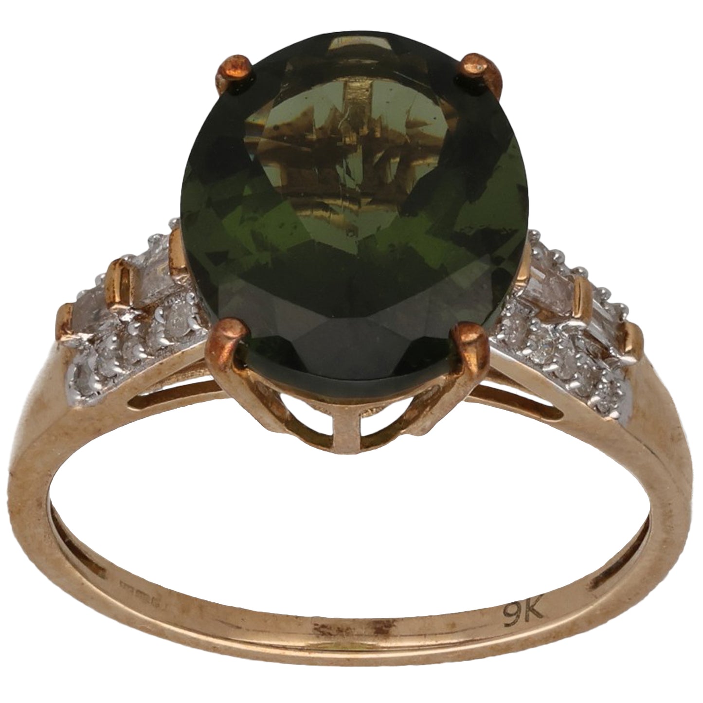 9ct Gold Moldavite & 0.18ct Diamond Dress/Cocktail Ring Size O