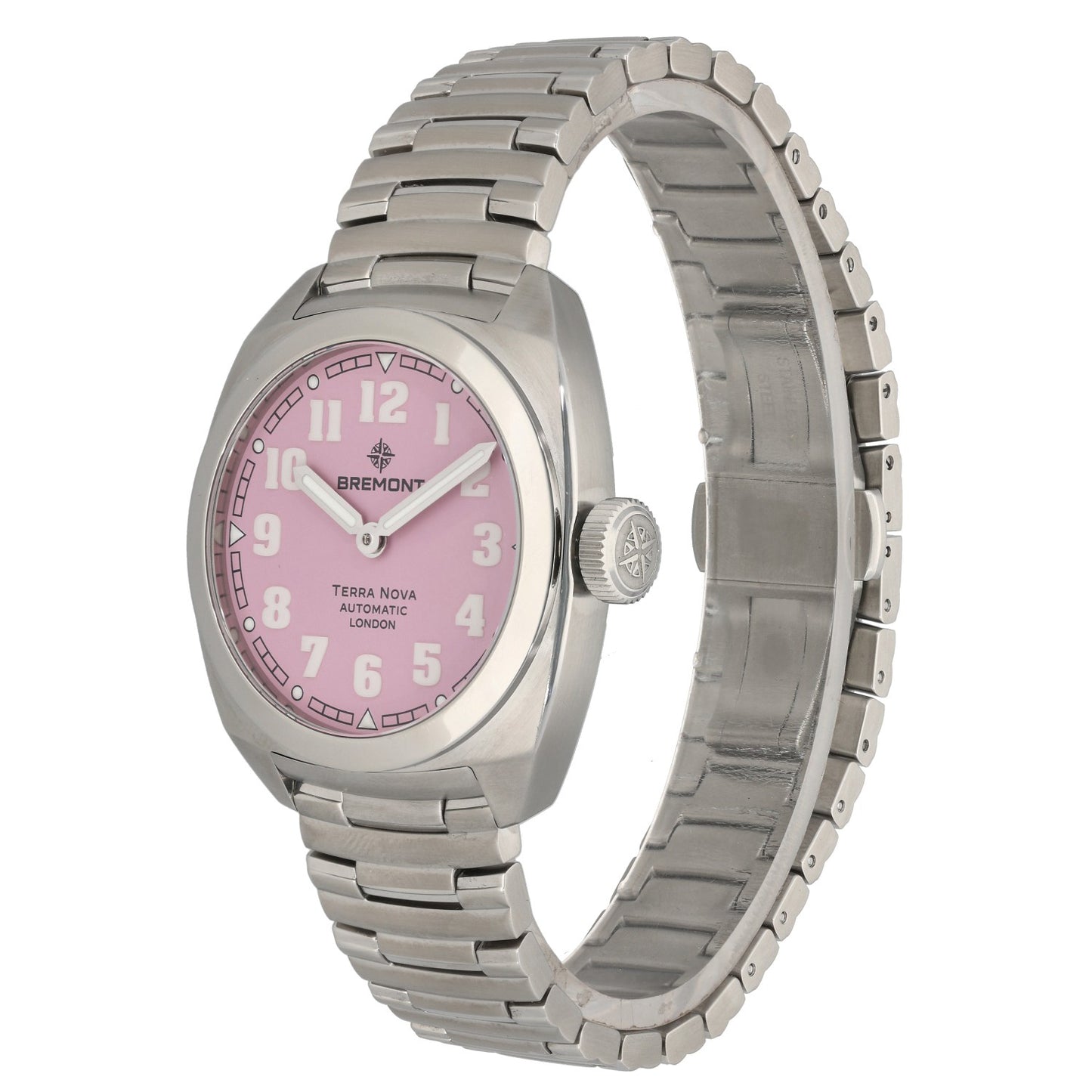 Bremont Terra Nova TN38-ND-SS-PK-B, limited edition pink dial inside 38mm stainless steel case, front angled image