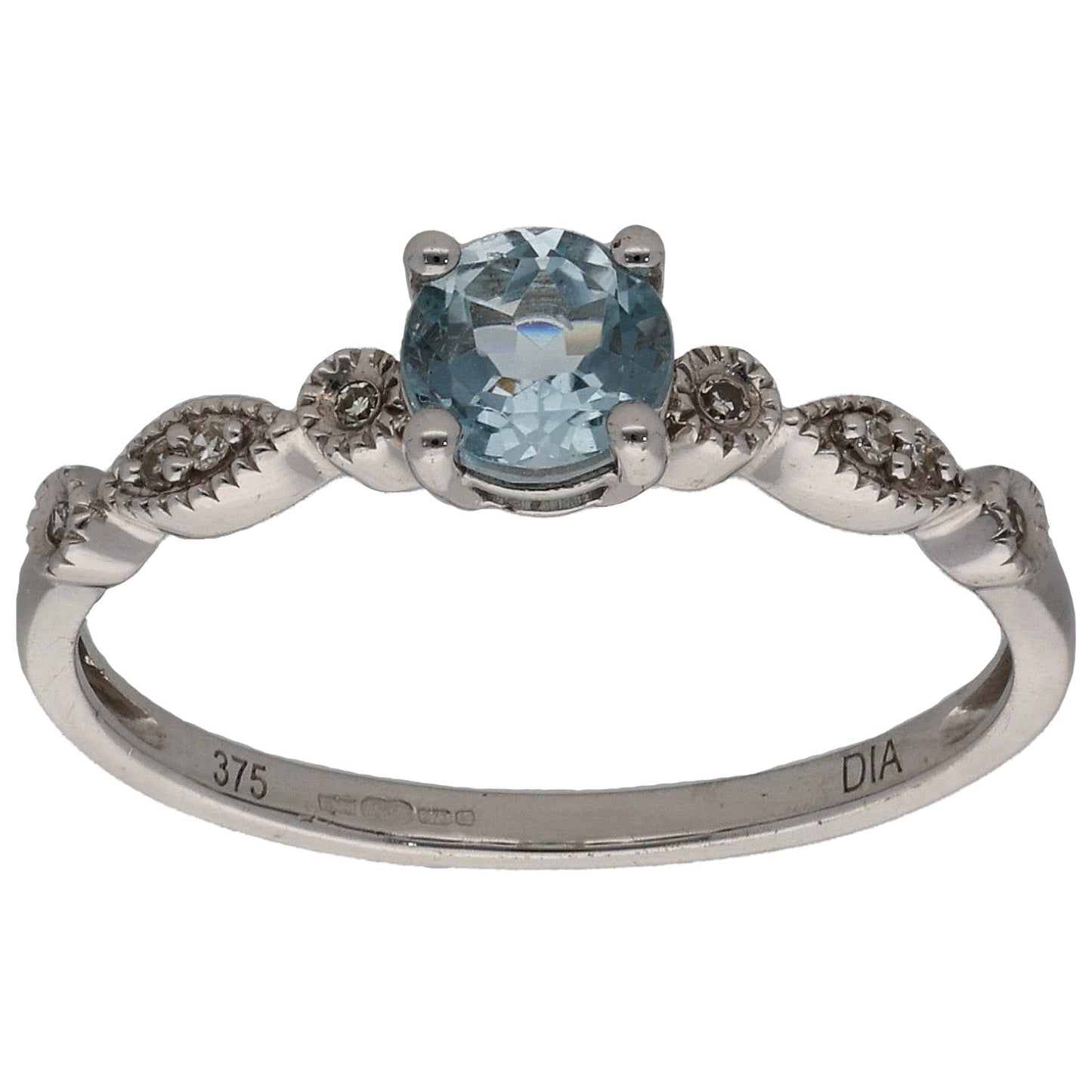 9ct White Gold Aquamarine & 0.04ct Diamond Single Stone Ring With Accents Size N