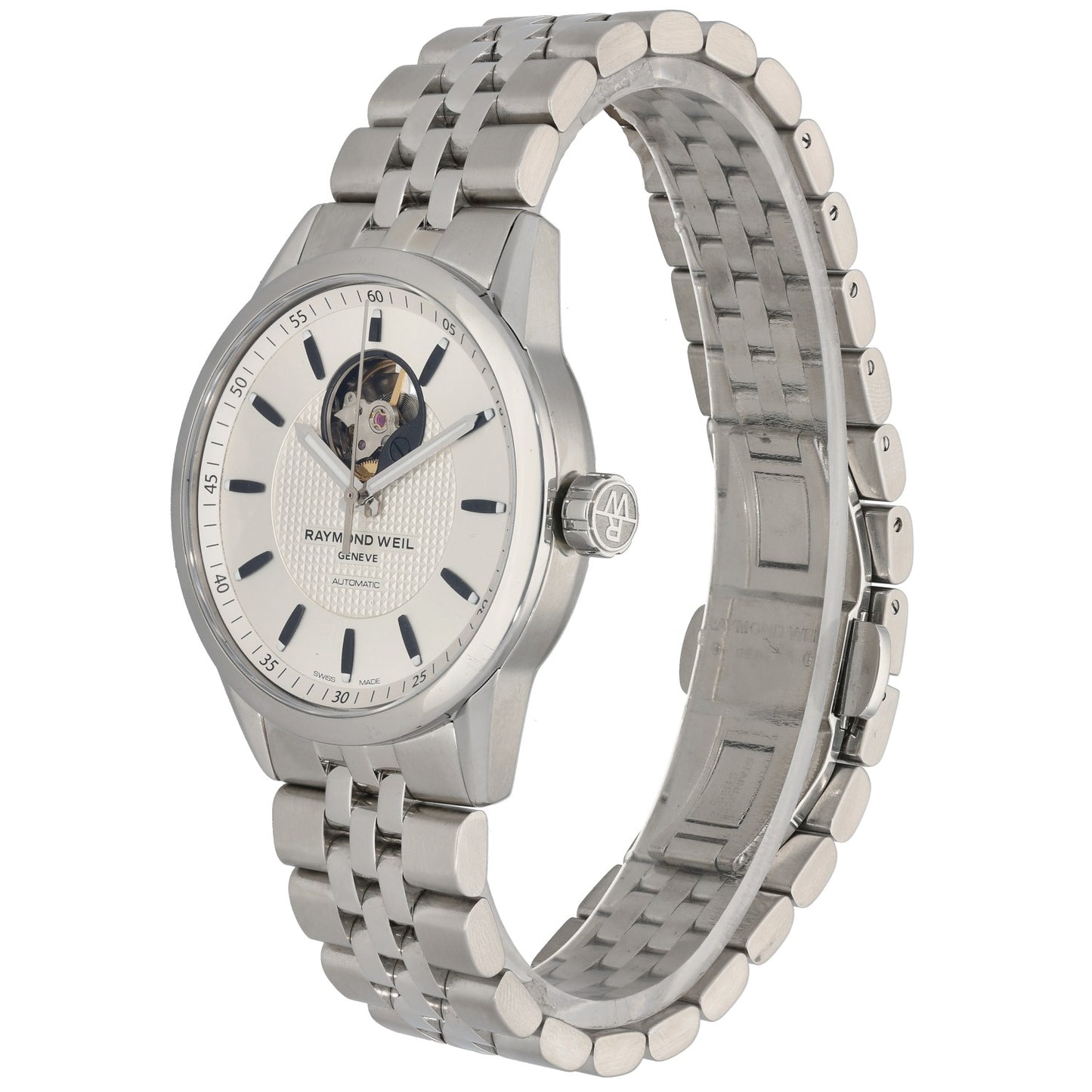 Raymond Weil Freelancer 2710 Stainless steel 42mm wristwatch angled view, white dial and crown, link bracelet.