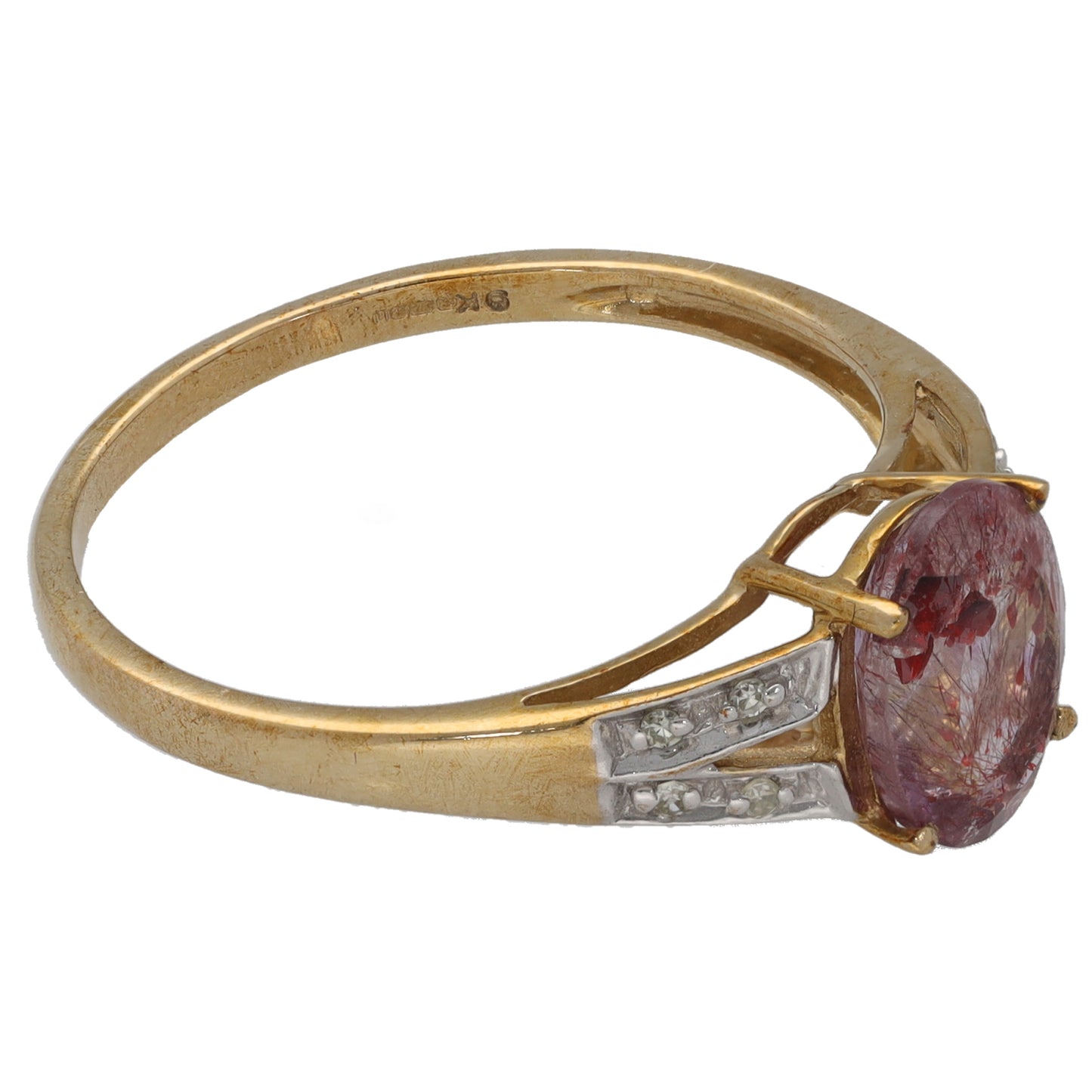 9ct Gold Quartz & 0.04ct Diamond Single Stone Ring With Accents Size R