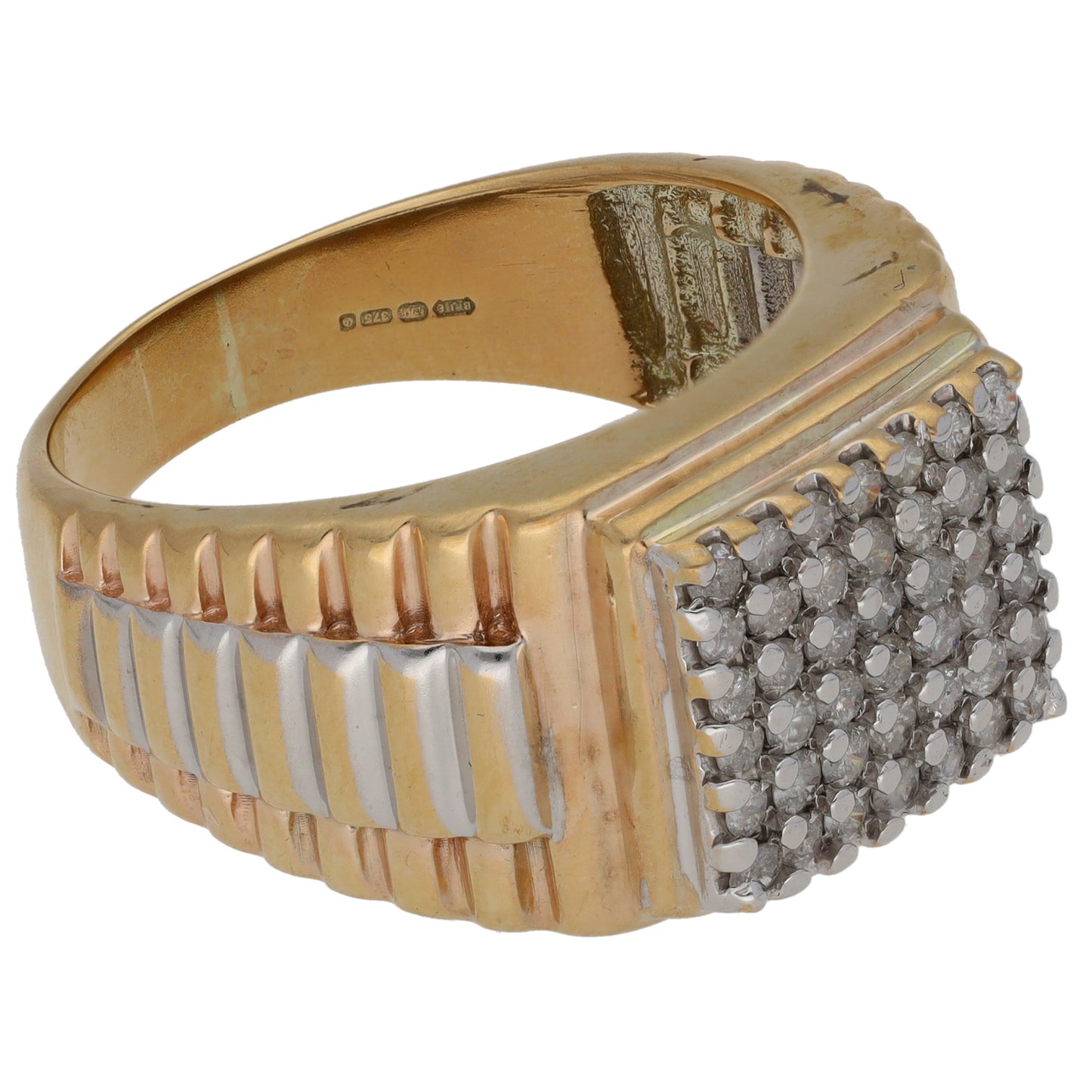 9ct Bi-Colour Gold 1.26ct Diamond Patterned Signet Ring Size Z