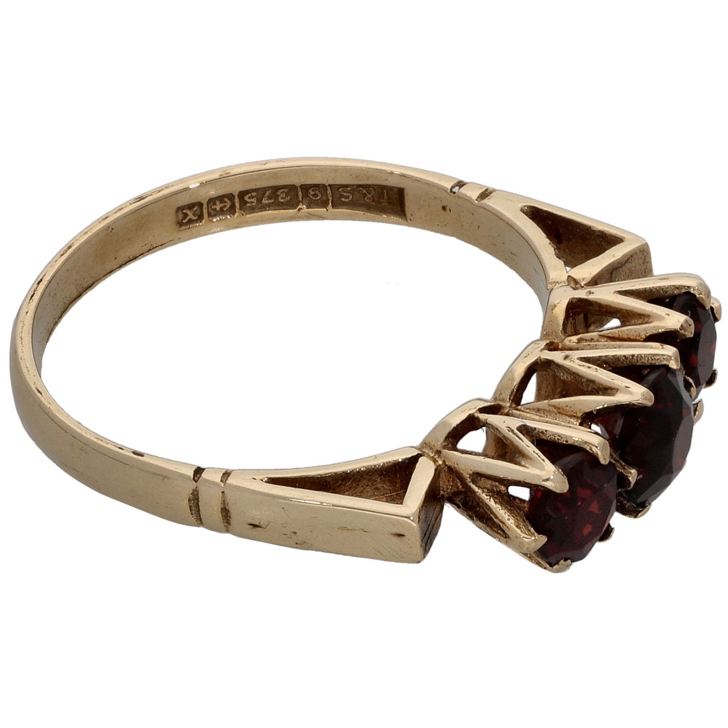 9ct Gold Garnet Three Stone Ring Size M