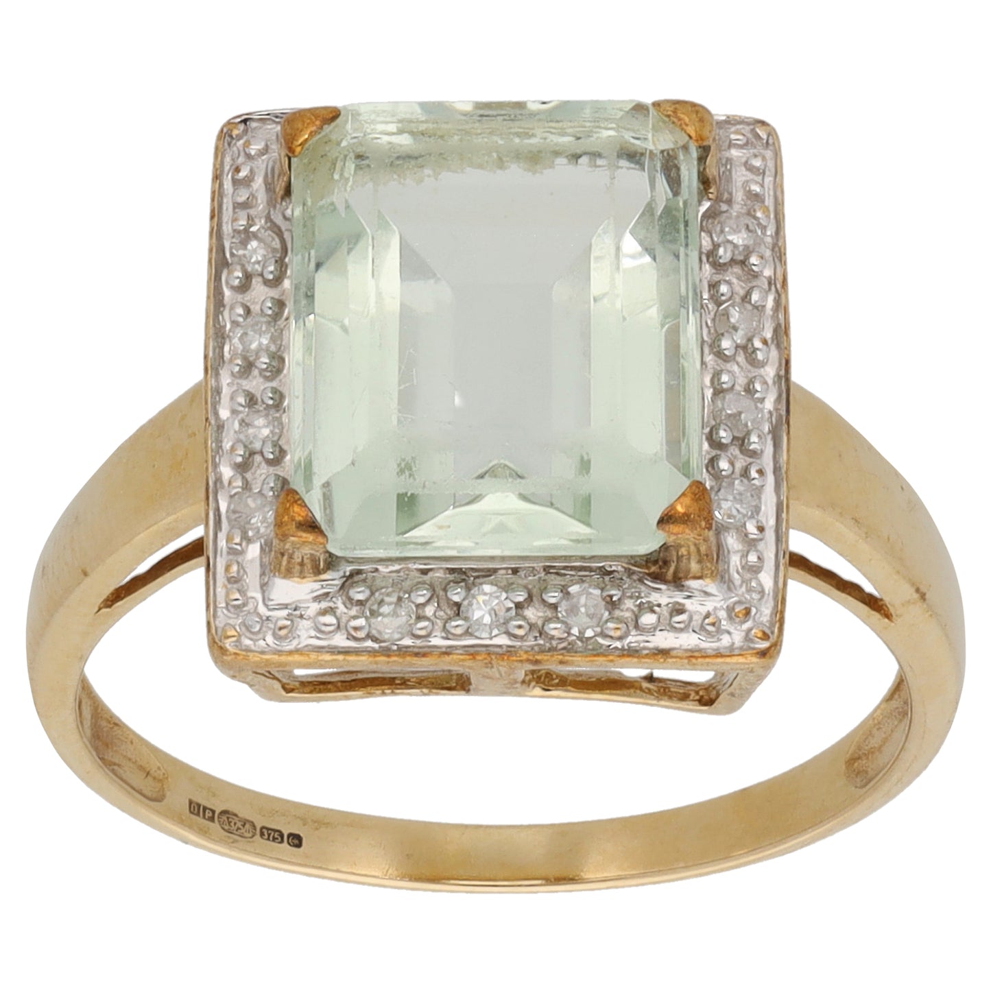 9ct Gold Green Quartz & 0.07ct Diamond Dress/Cocktail Ring Size P