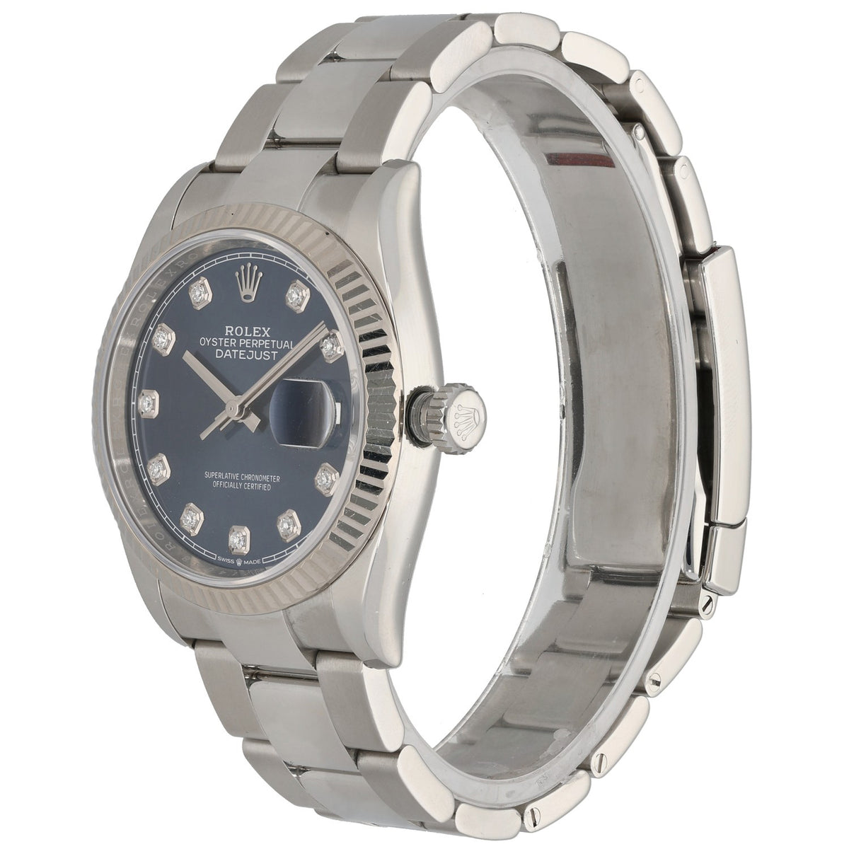 Stainless steel Rolex Oyster Perpetual 126234 watch side view, blue dial and crown