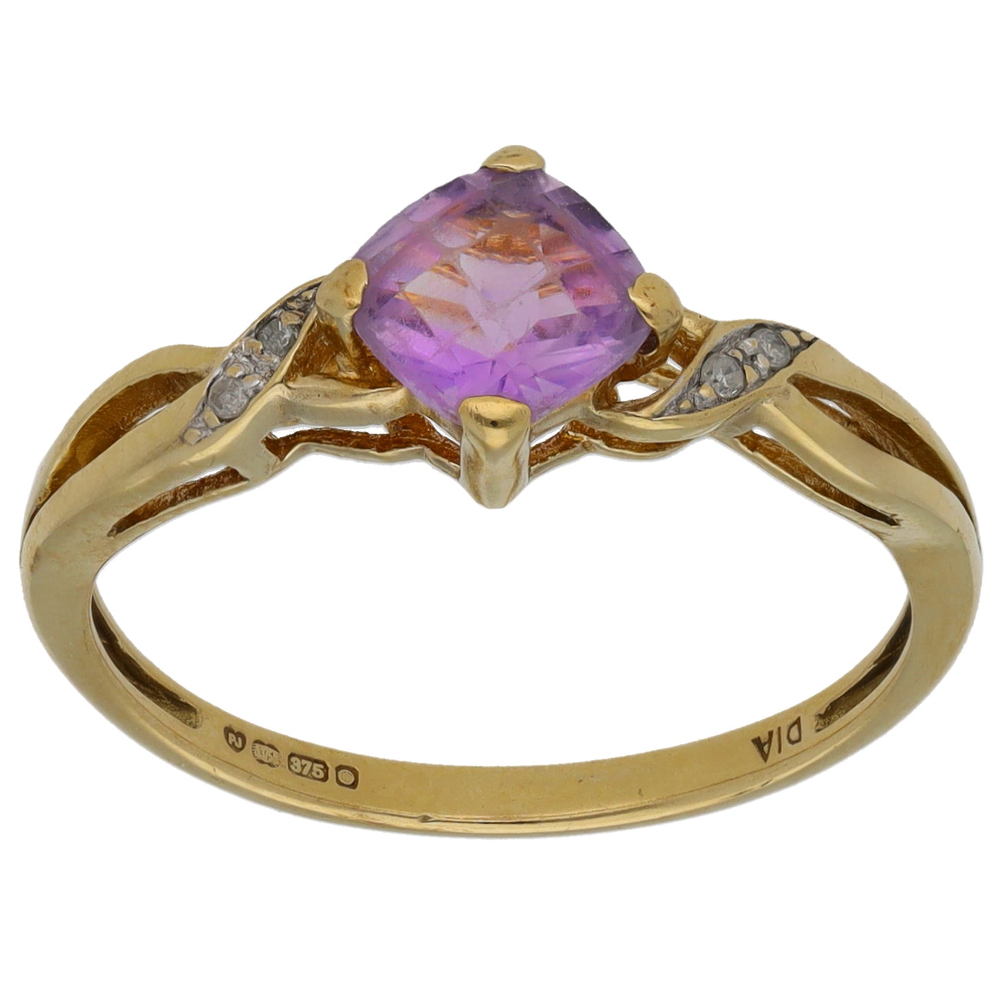 9ct Gold Amethyst & 0.02ct Diamond Single Stone Ring with Accent Stones Size P