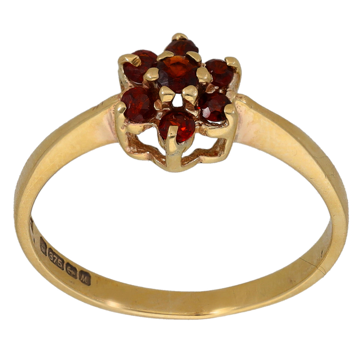 9ct gold garnet cocktail ring with clustered red gemstones, openwork setting