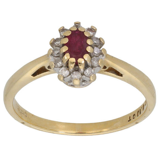 9ct Gold Ruby & 0.10ct Diamond Cluster Ring Size M