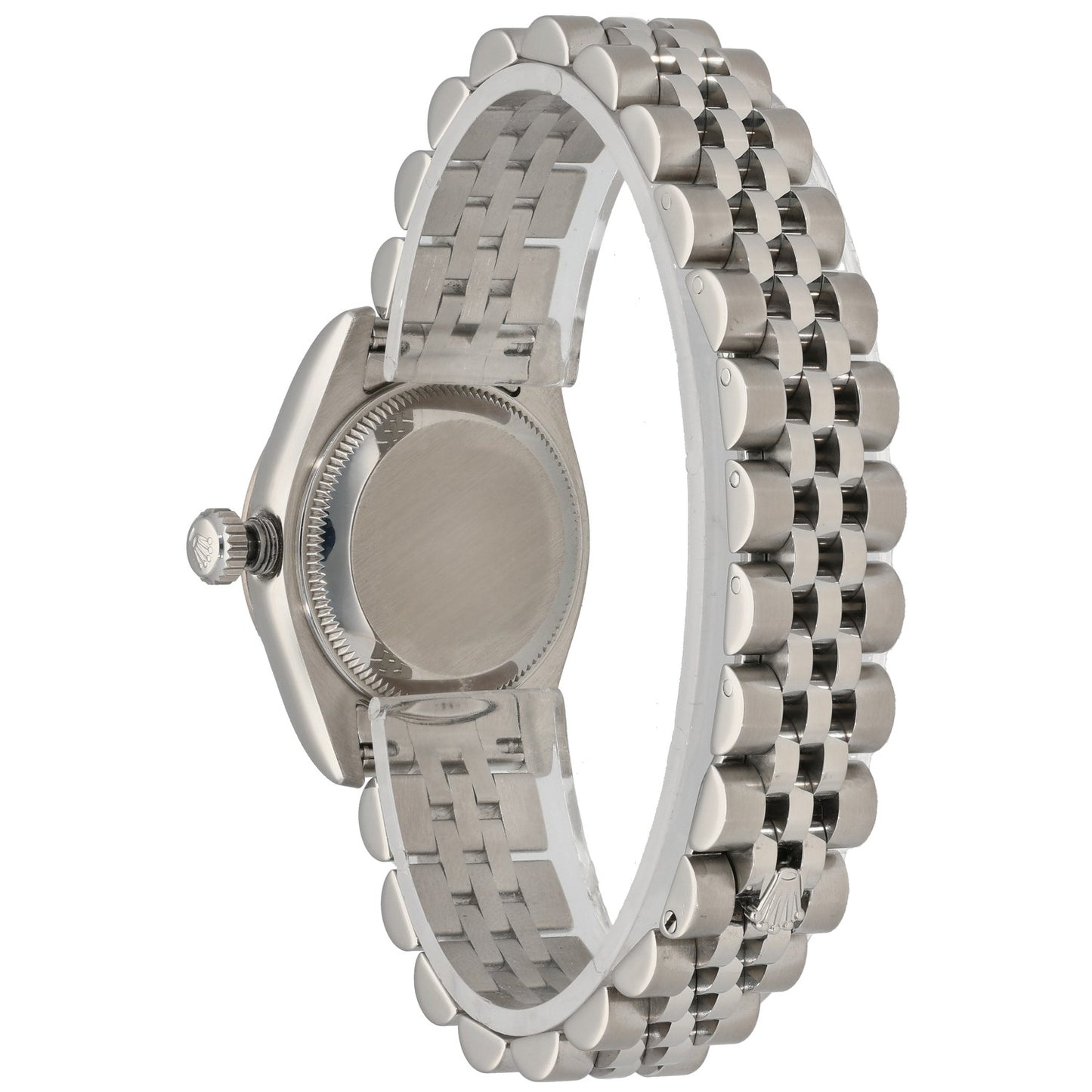 Rolex Datejust 179174 stainless steel watch caseback view with jubilee bracelet and crown