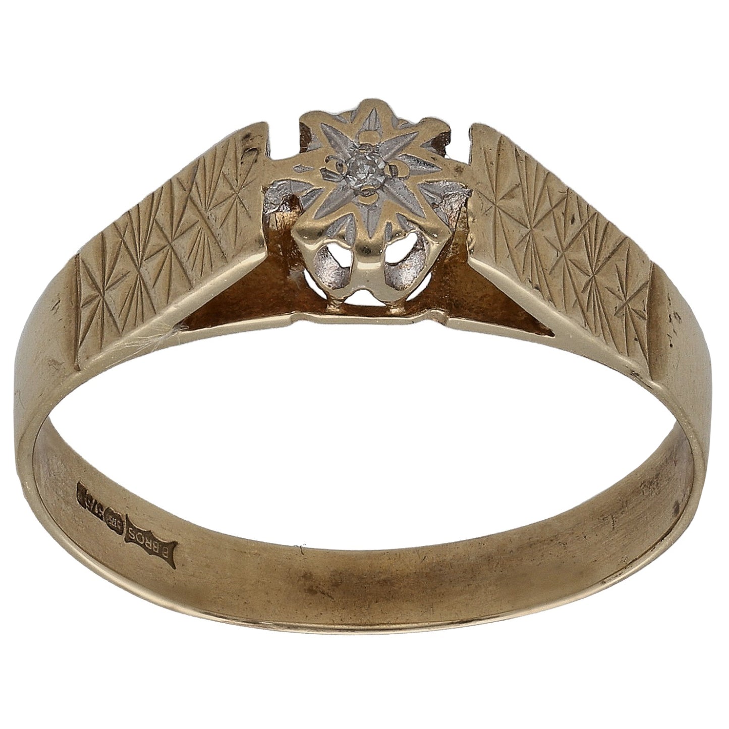 Gold solitaire ring with textured band and round diamond center setting