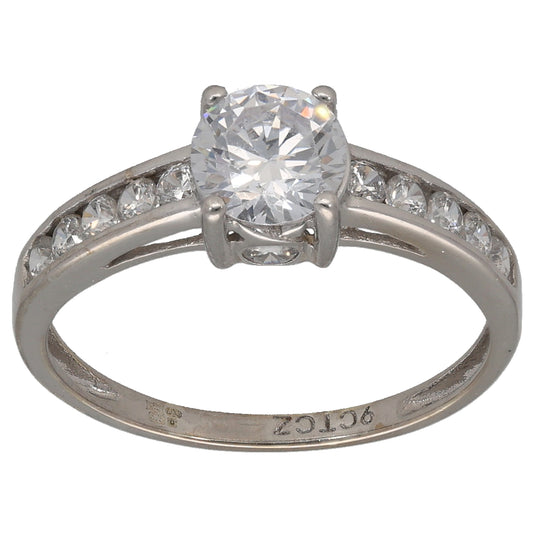 9ct White Gold Cubic Zirconia Single Stone Ring with Accent Stones Size O