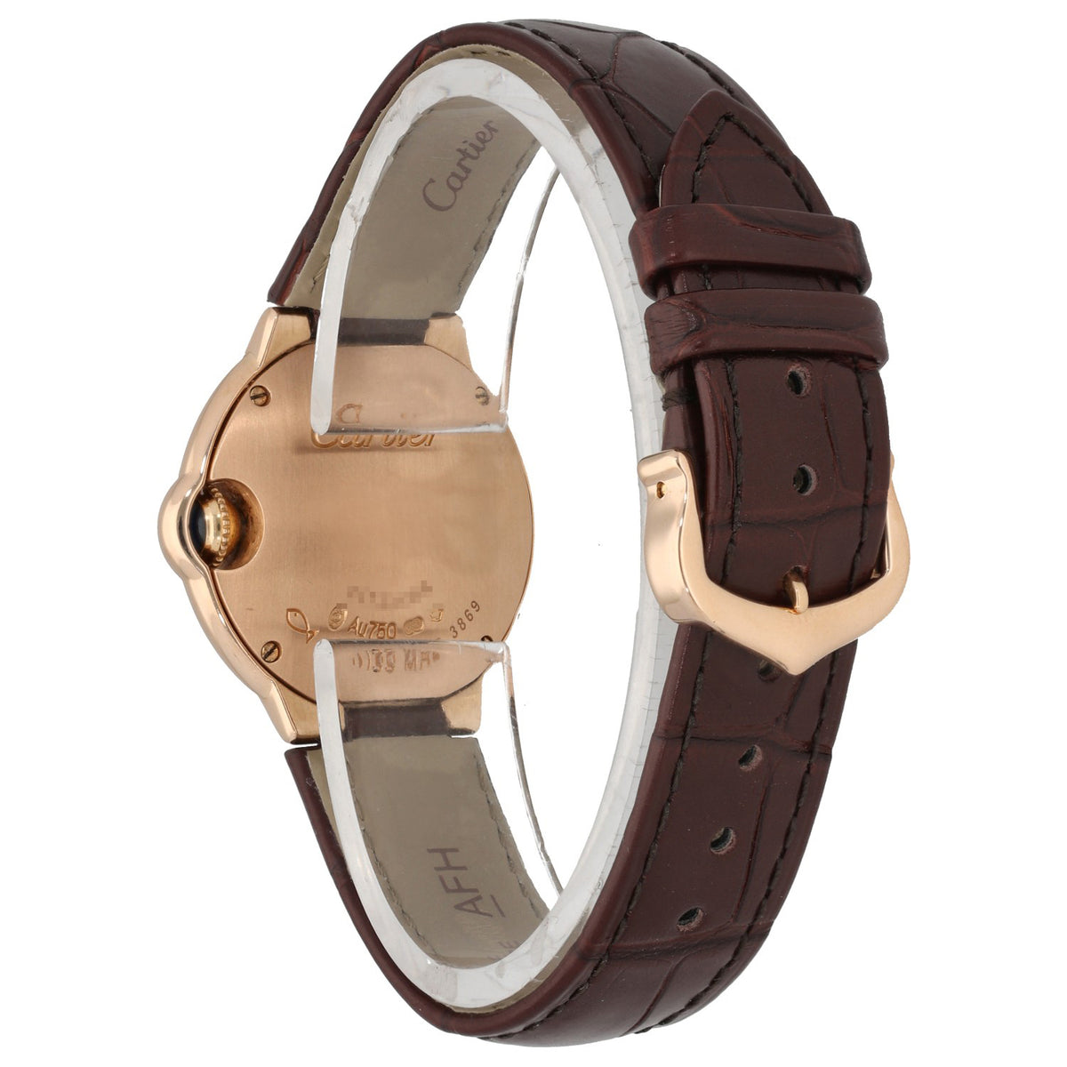Cartier Ballon Bleu WGBB0007, white dial inside a 28mm gold case on a brown leather bracelet, rear and caseback image