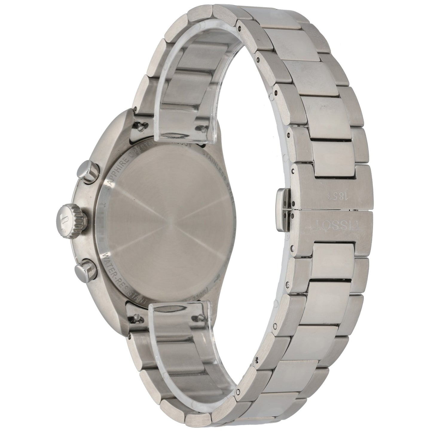 Tissot PR 100 T150417A Stainless steel wristwatch with round gray dial and linked metal bracelet, side view