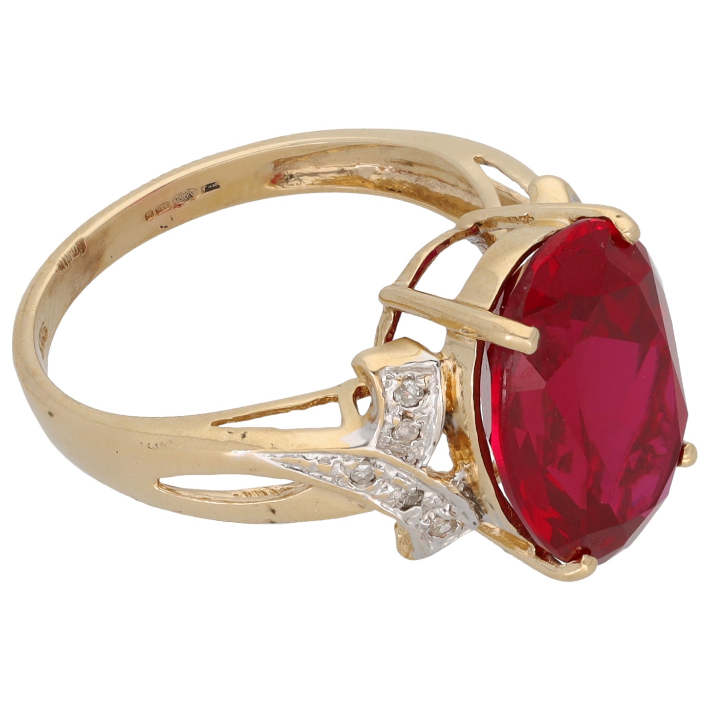 9ct Bicolour Gold Man Made Ruby & 0.05ct Diamond Single Stone Ring with Accent Stones Size N
