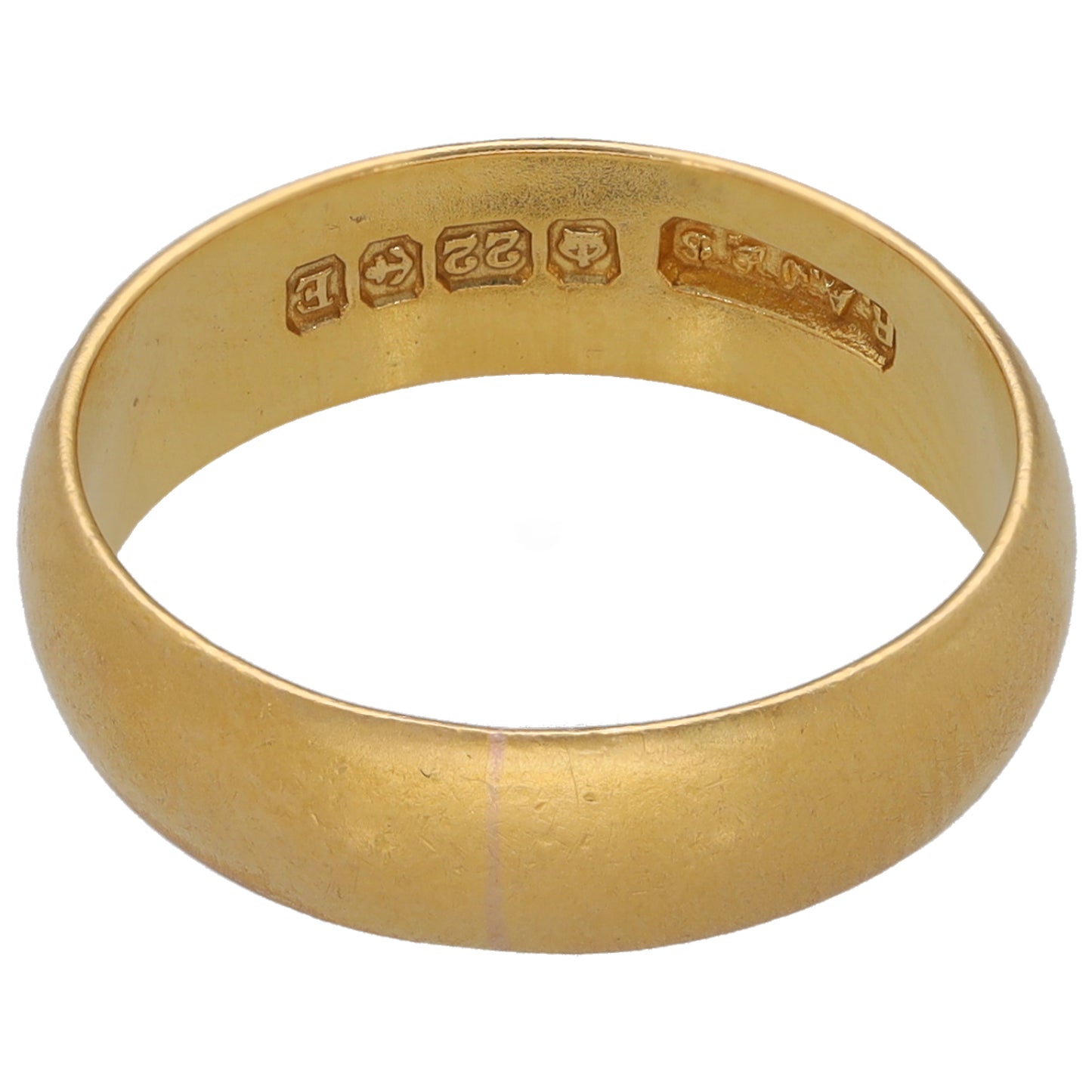 22ct gold plain wedding ring, size L, inner hallmark symbols on band