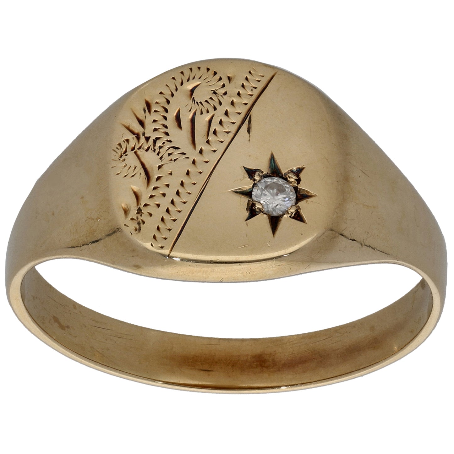 9ct Gold 0.05ct Diamond Patterned Single Stone Signet Ring Size Z+3
