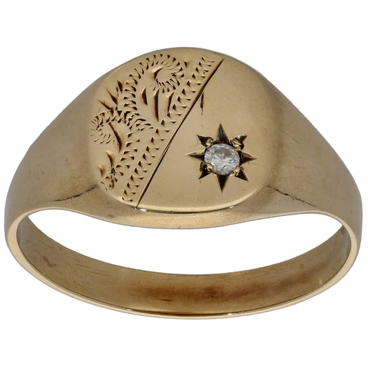 9ct Gold 0.05ct Diamond Patterned Single Stone Signet Ring Size Z+3
