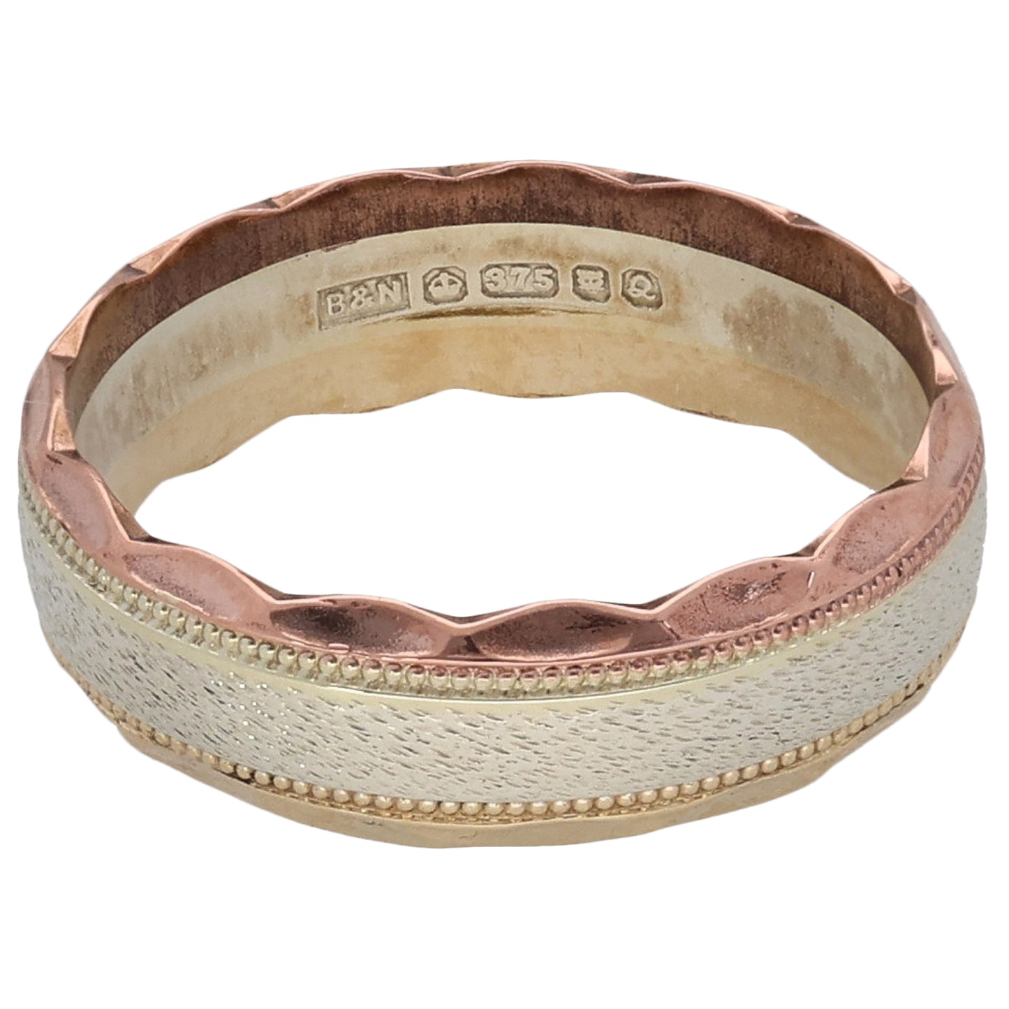 9ct Tricolour Gold Patterned Wedding Ring Size N