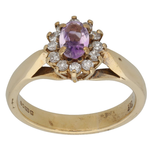 9ct Gold Amethyst & 0.12ct Diamond Cluster Ring Size L