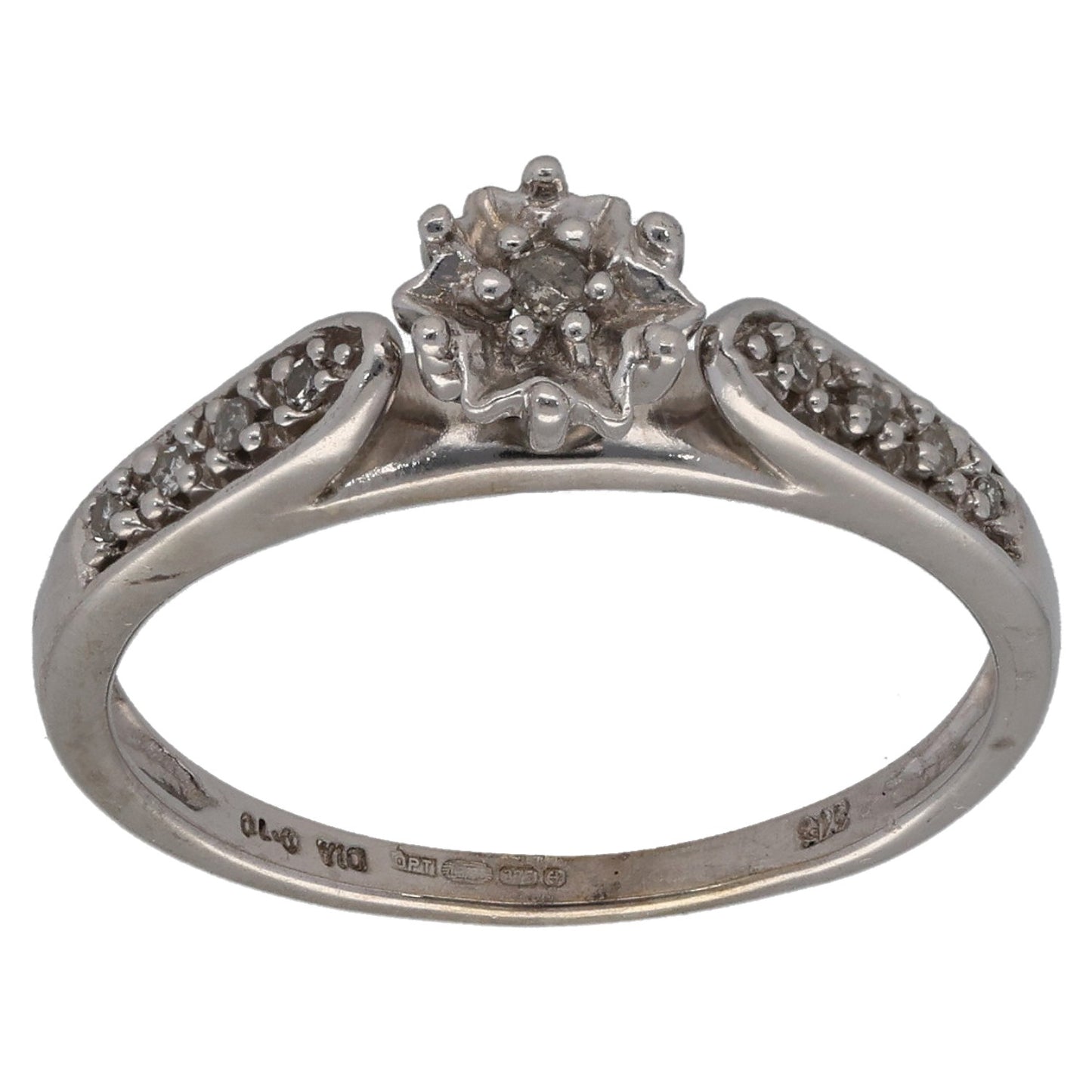 9ct White Gold 0.10ct Diamond Solitaire Ring With Accent Stones Size M