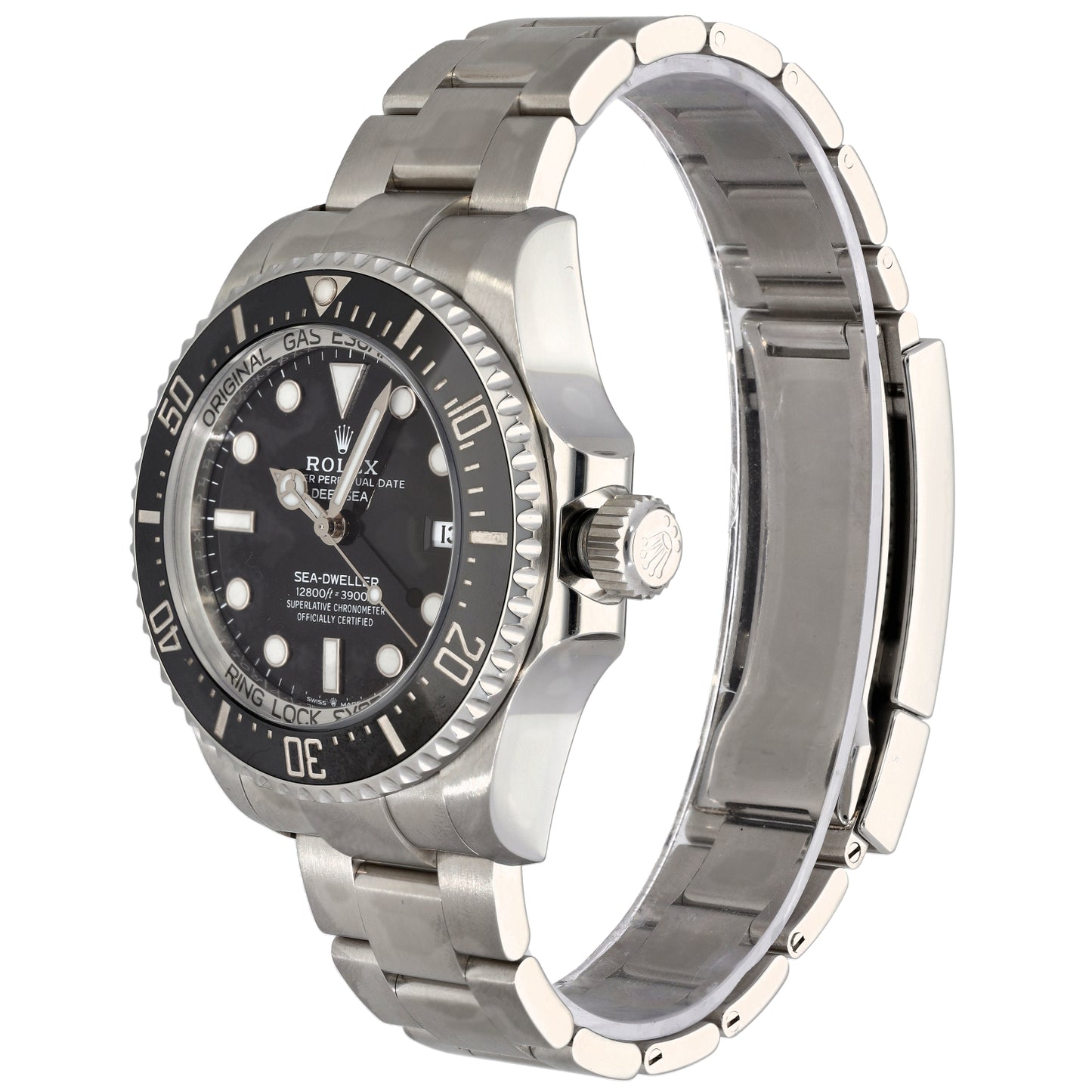 Rolex Deep Sea 136660 Stainless steel dive watch side view with black dial and metal link bracelet