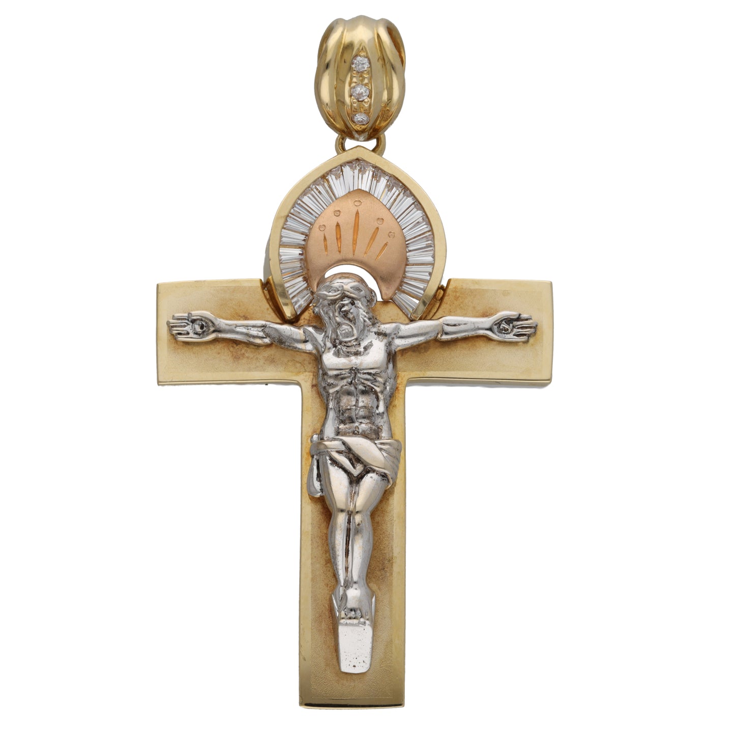18ct Bi-Colour Gold Cubic Zirconia Crucifix Pendant