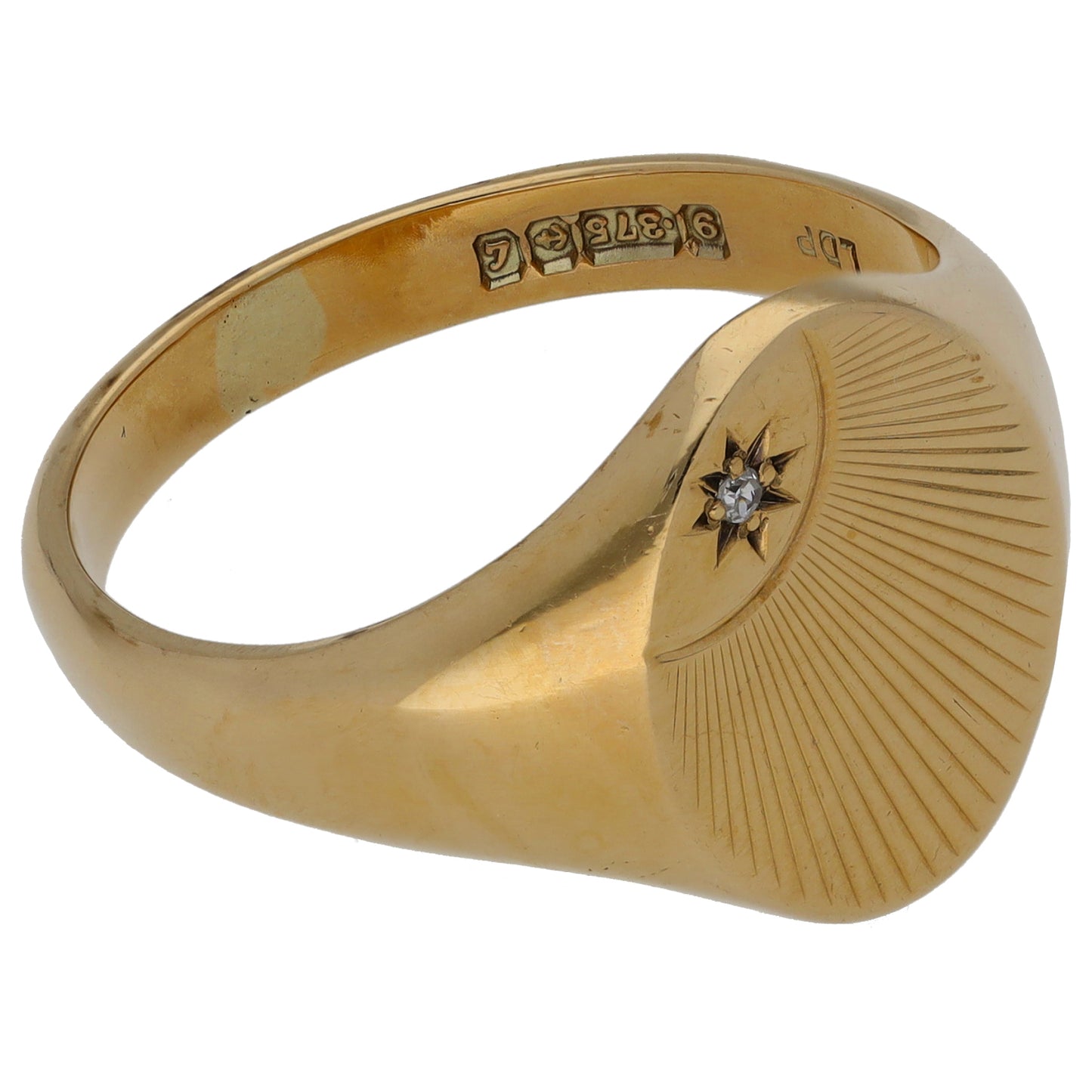 9ct Gold 0.01ct Diamond Patterned Single Stone Signet Ring Size W