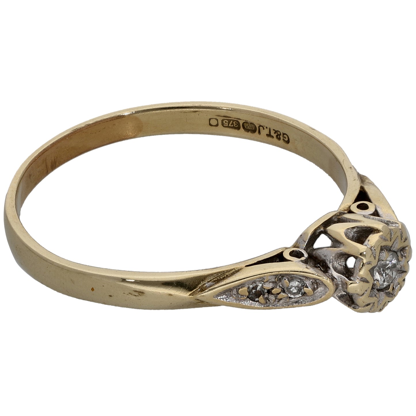 9ct Gold 0.05ct Diamond Solitaire Ring With Accent Stones Size Q