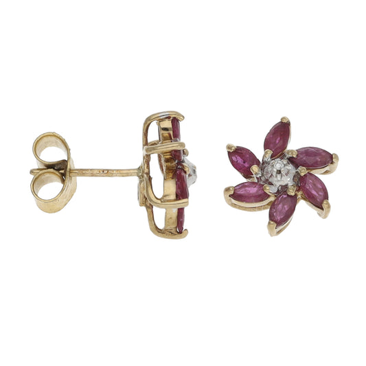 9ct Gold 0.01ct Diamond & Glass Filled Ruby Dress/Cocktail Earrings