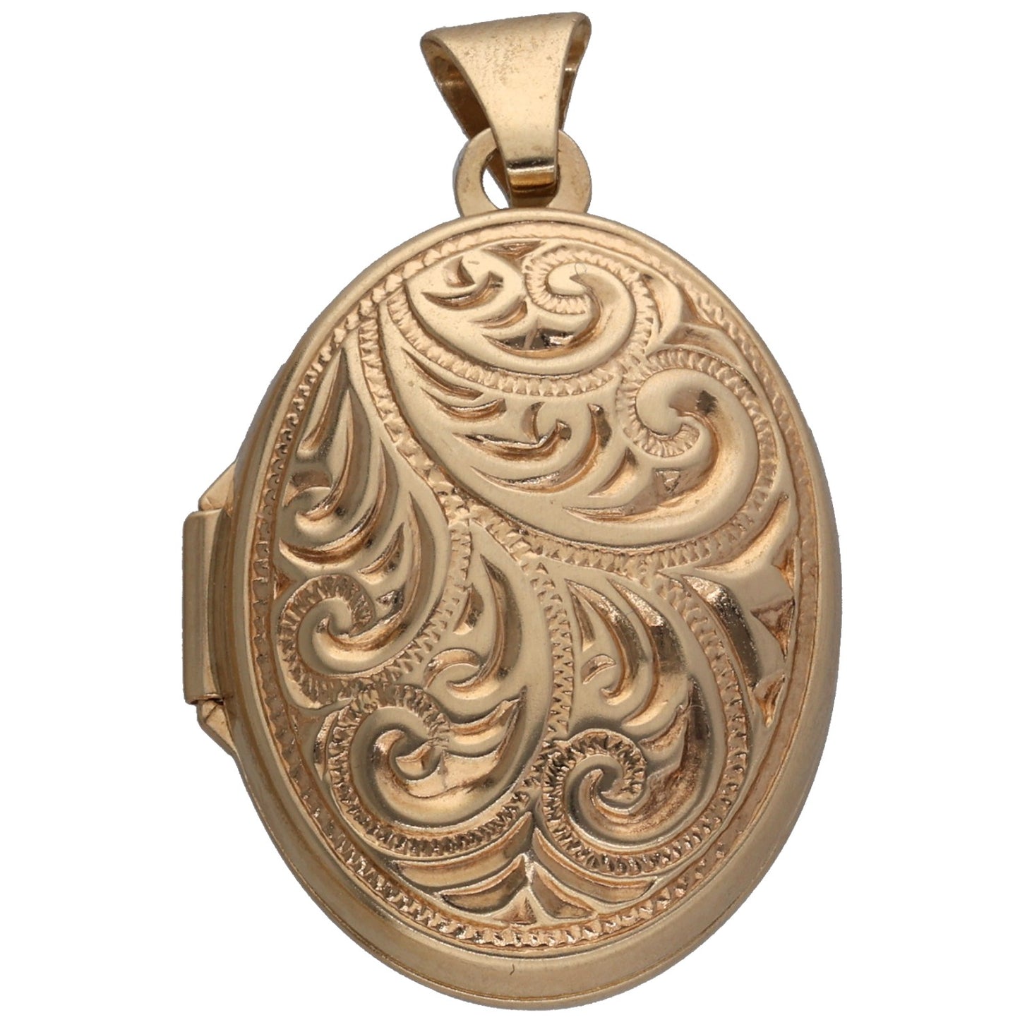 9ct gold oval locket pendant with ornate patterned front, hinged clasp and top loop