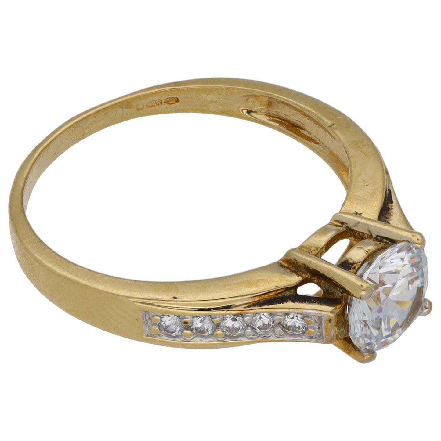 9ct Gold Cubic Zirconia Single Stone Ring with Accent Stones Size P