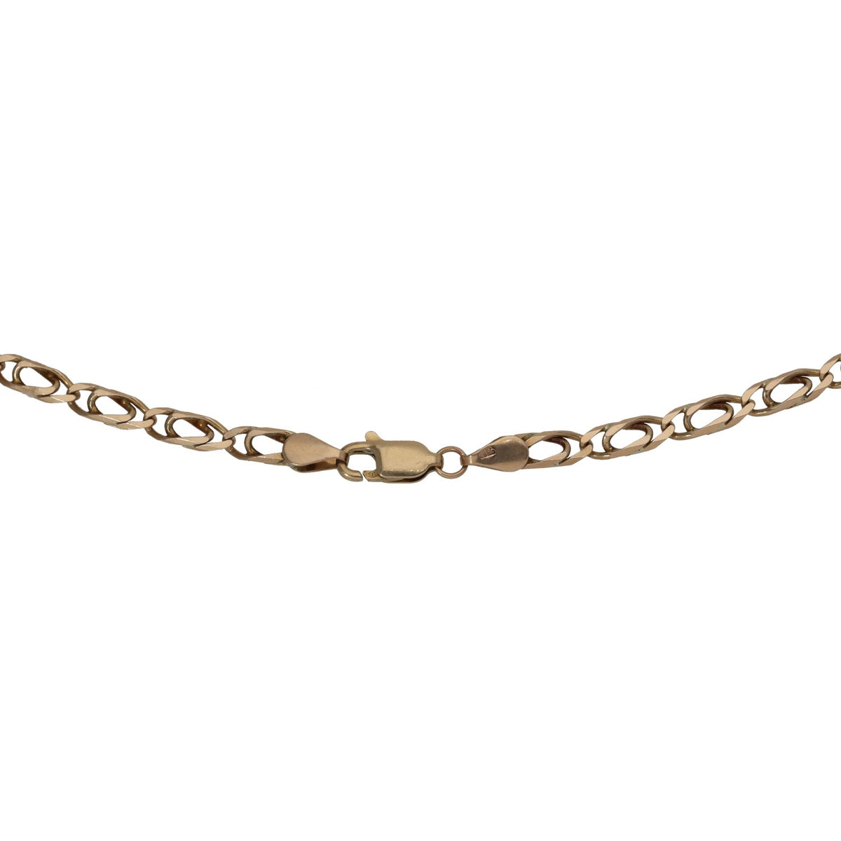 Gold chain necklace with small clasp and oval link pattern, center detail