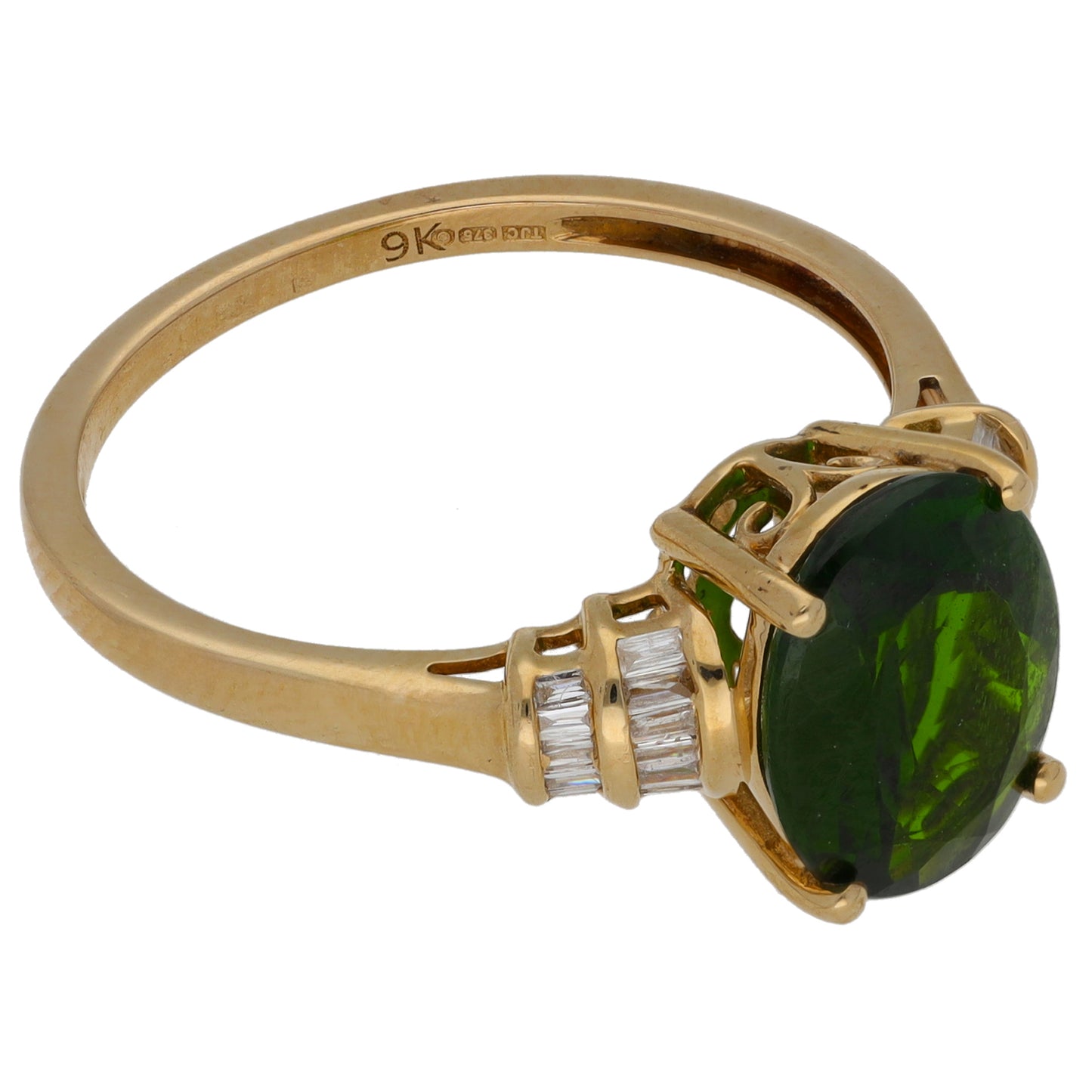 9ct Gold Diopside & 0.24ct Diamond Single Stone Ring with Accent Stones Size T