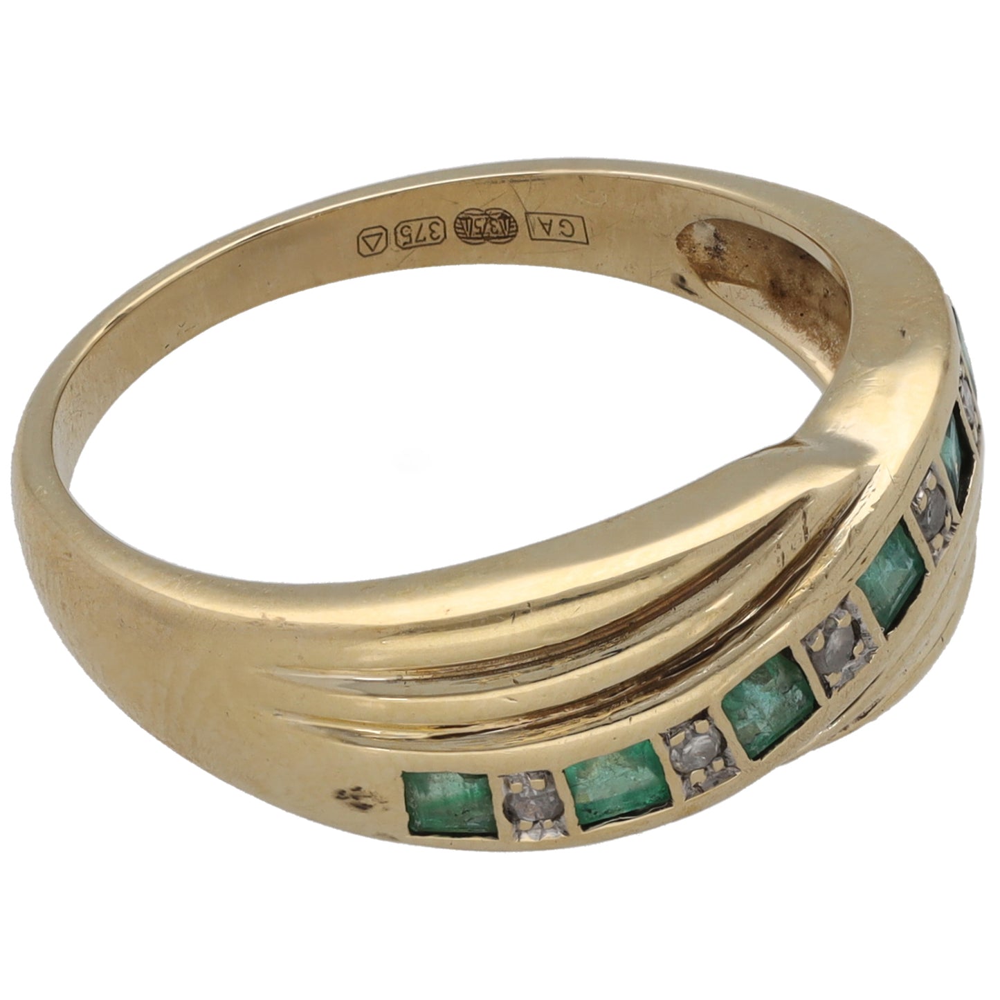 9ct Gold Emerald & 0.05ct Diamond Half Eternity Ring Size P 1/2