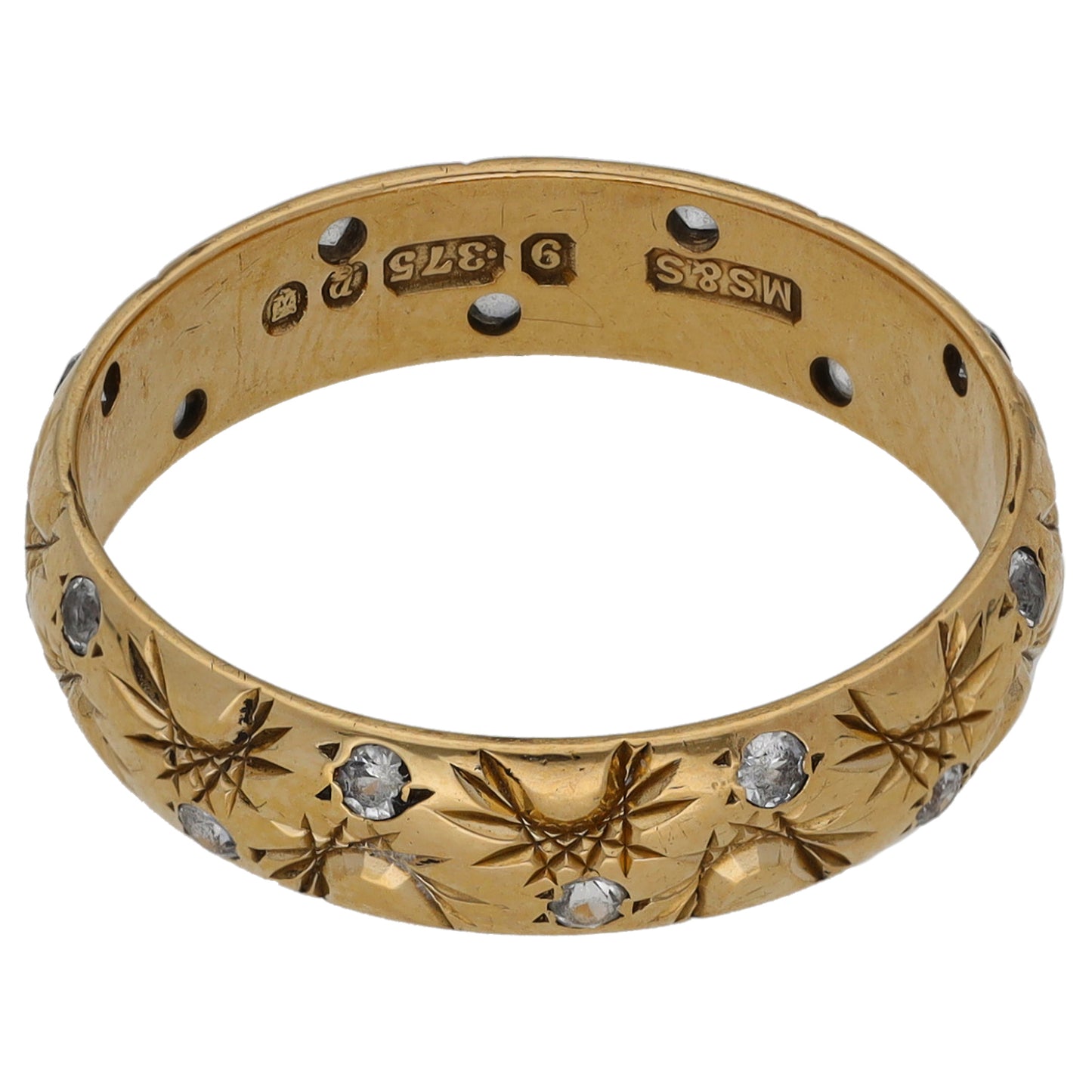 9ct Gold Cubic Zirconia Patterned Wedding Ring Size P
