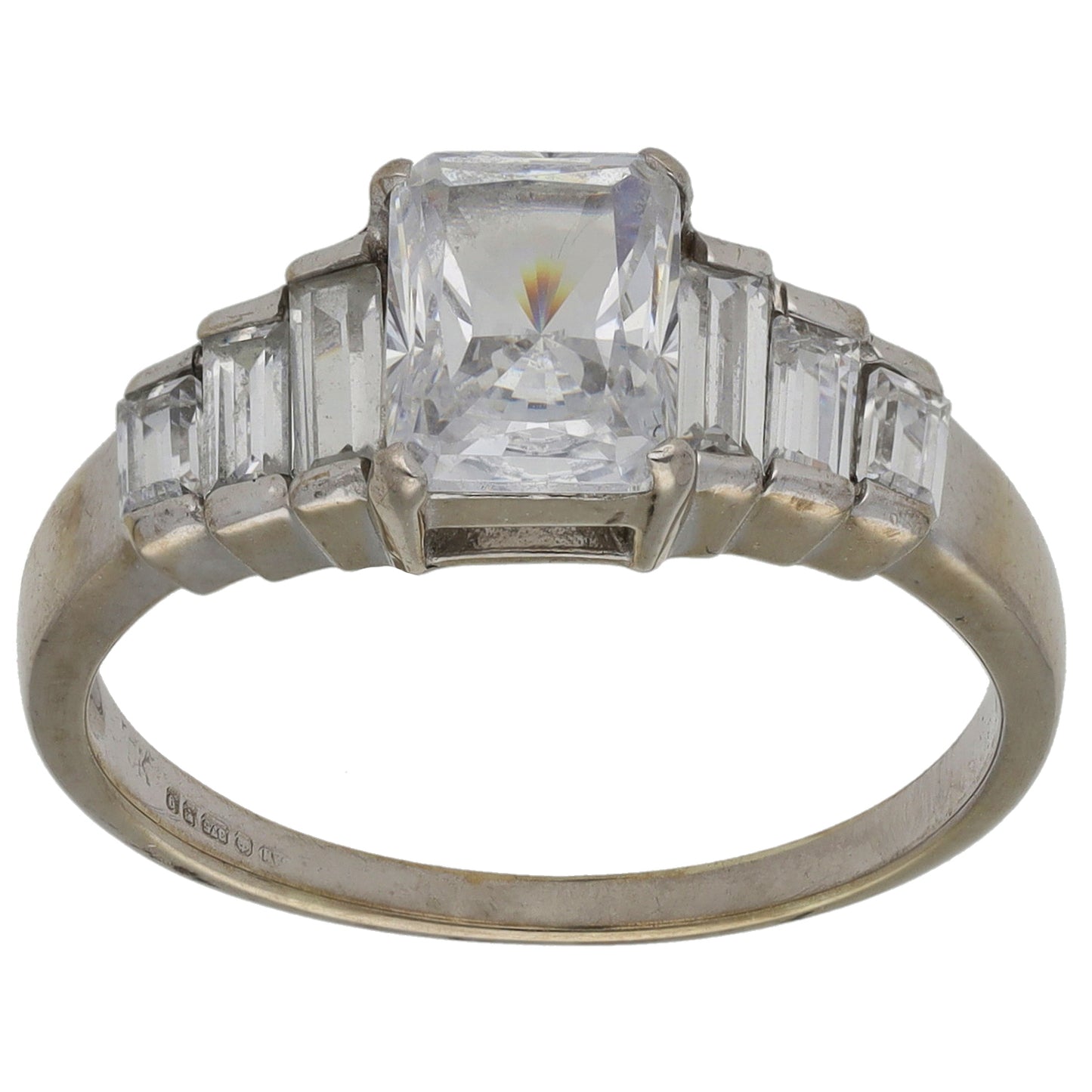 9ct White Gold Cubic Zirconia Single Stone Ring With Accents Size S